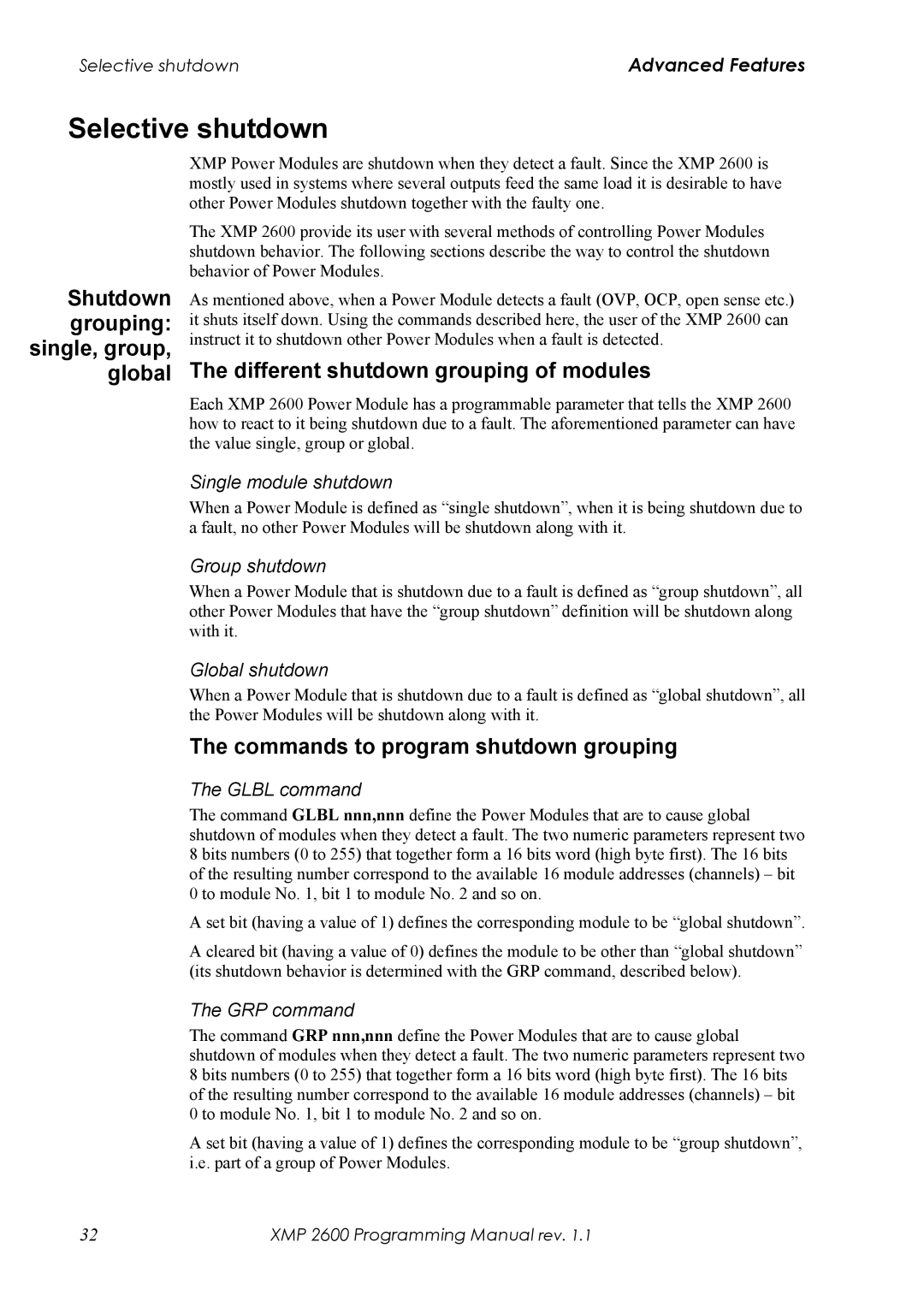 Xantrex Technology XMP 2600 manual Selective shutdown, Shutdown grouping single, group, global 