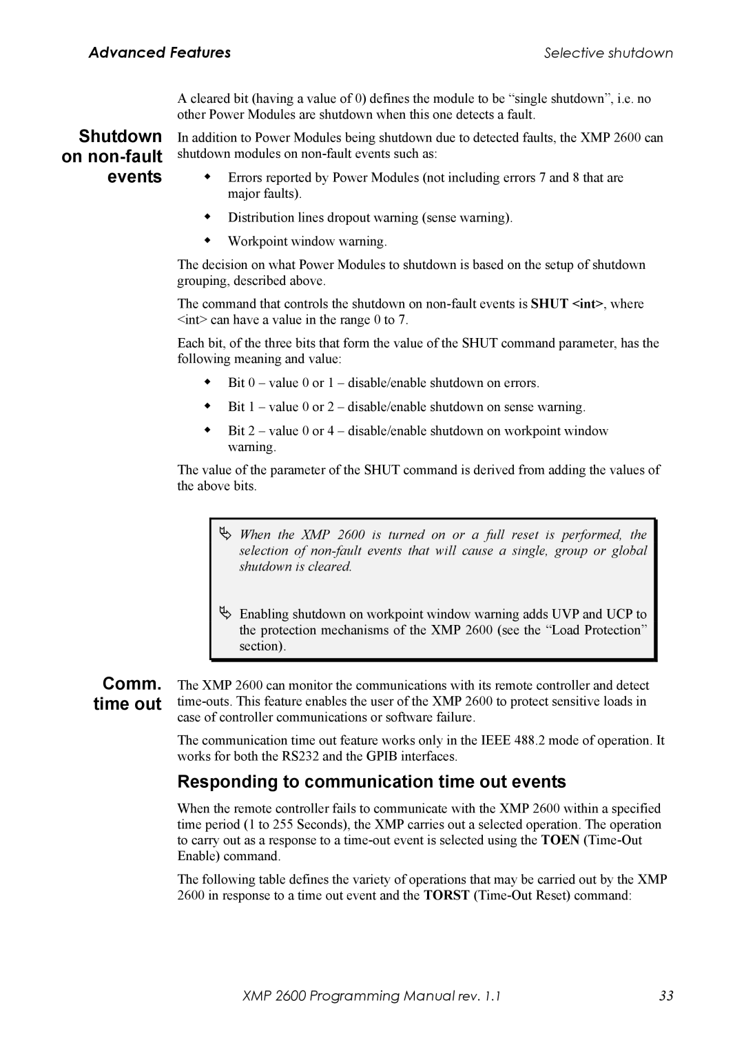 Xantrex Technology XMP 2600 Shutdown on non-fault events, Responding to communication time out events, Comm. time out 