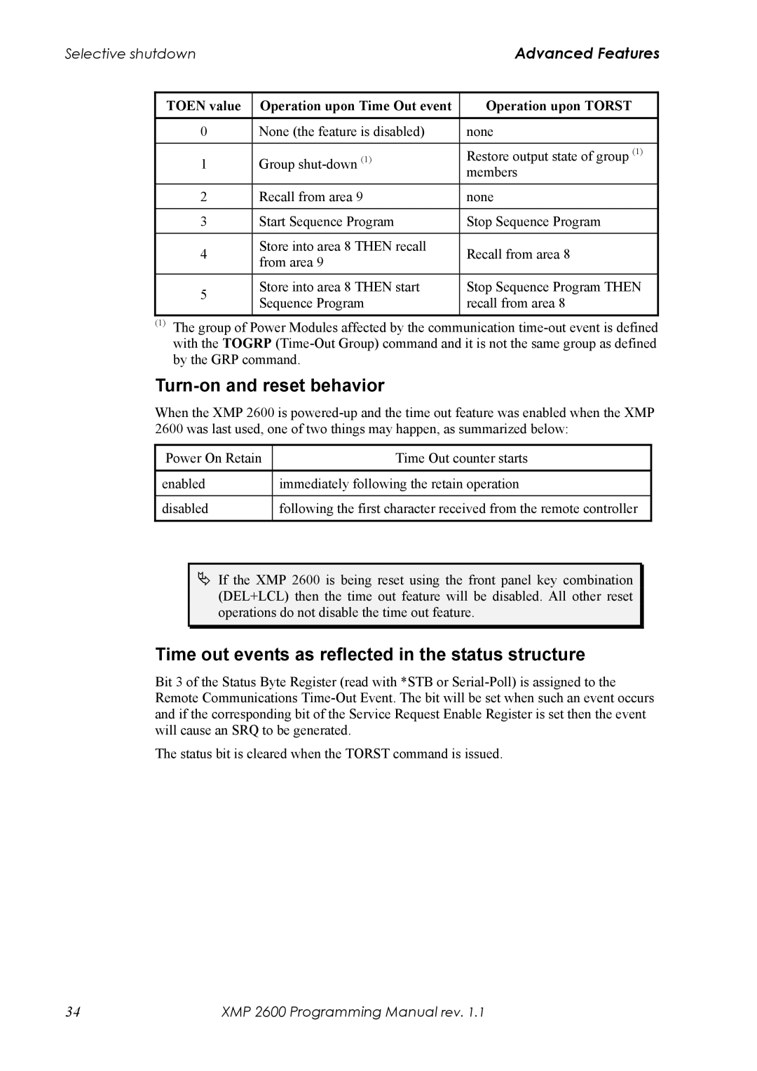 Xantrex Technology XMP 2600 manual Turn-on and reset behavior, Time out events as reflected in the status structure 