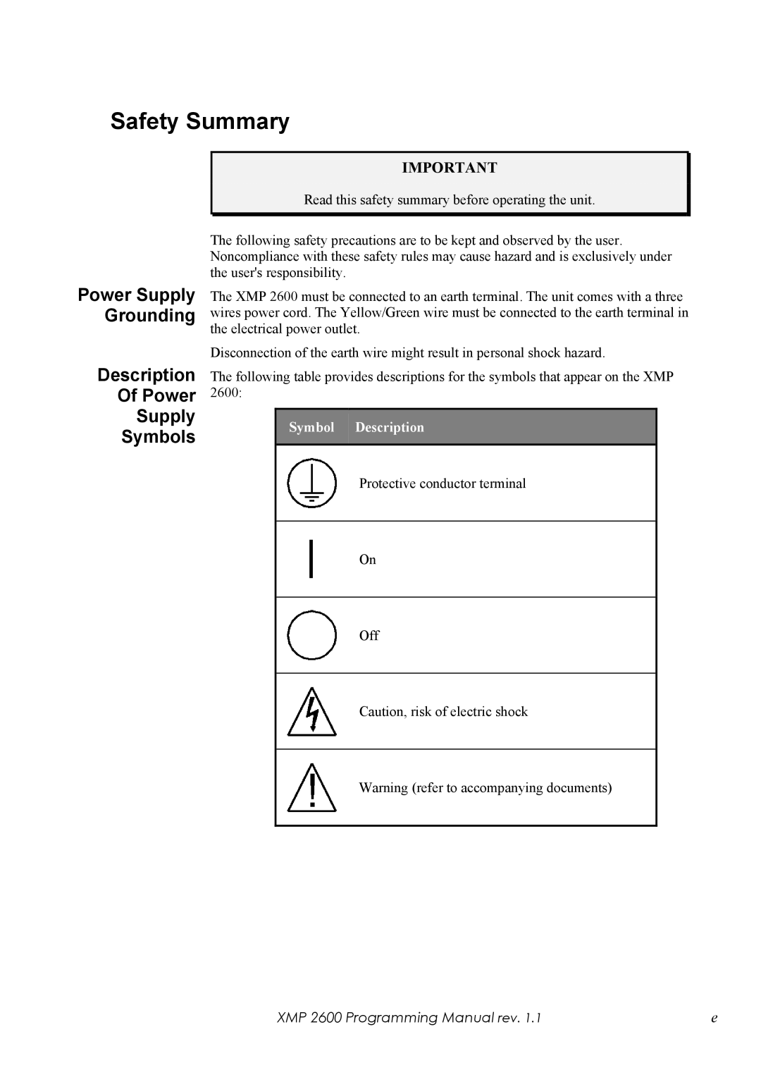 Xantrex Technology XMP 2600 manual Safety Summary, Description Power Supply Symbols, Power Supply Grounding 