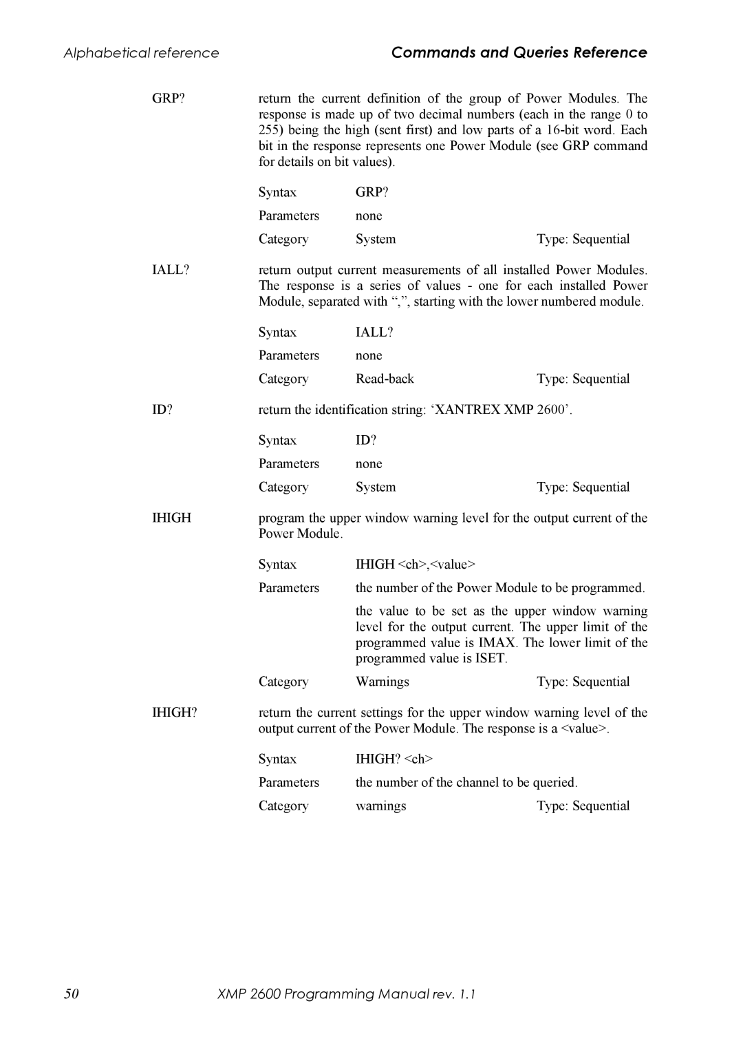 Xantrex Technology XMP 2600 manual Response is a series of values one for each installed Power 