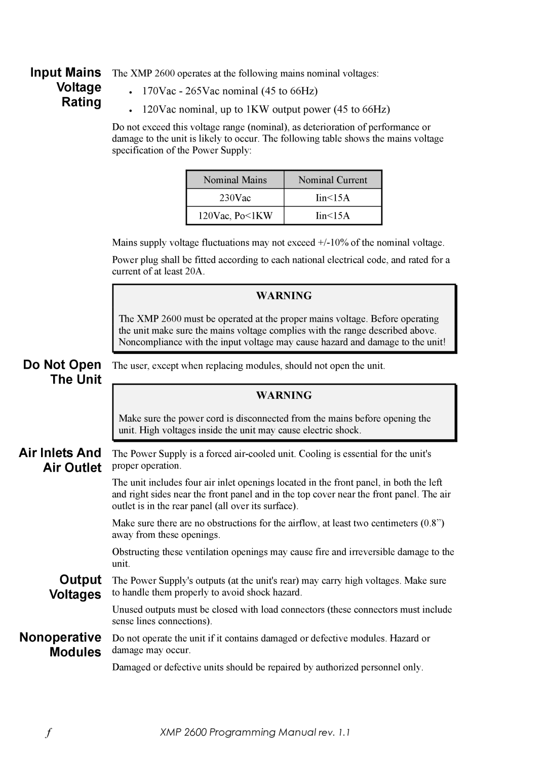 Xantrex Technology XMP 2600 Input Mains Voltage Rating, Output Voltages, Do Not Open The Unit Air Inlets And Air Outlet 