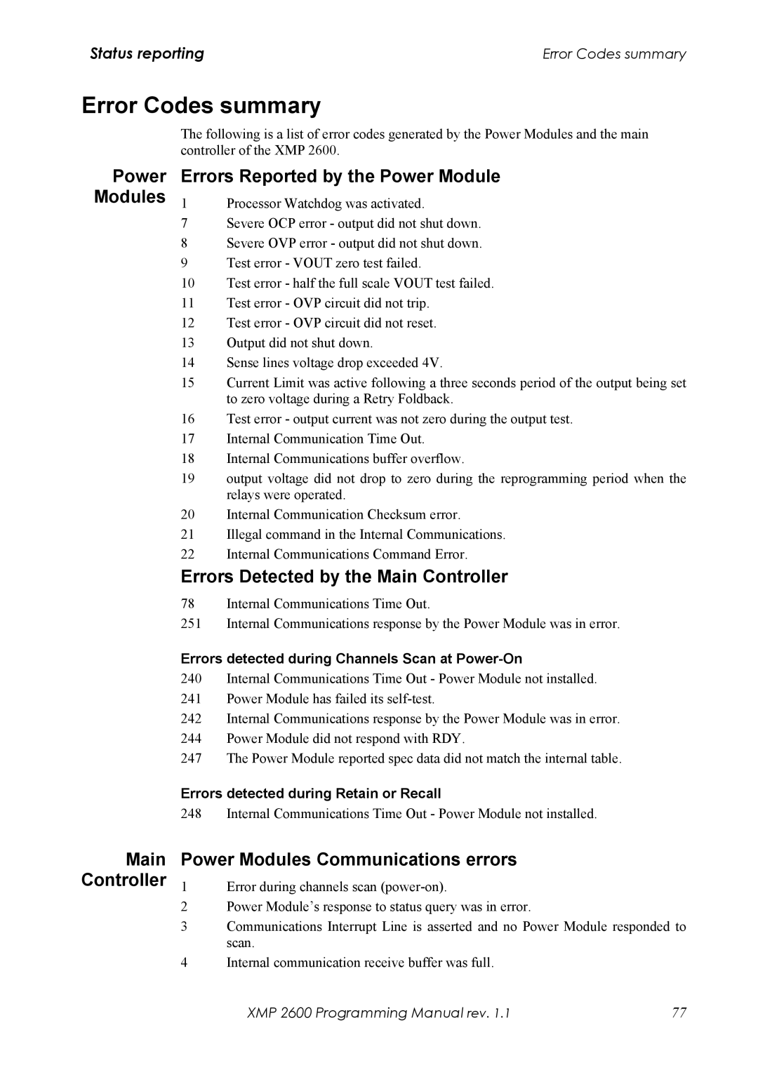 Xantrex Technology XMP 2600 manual Error Codes summary, Power Modules Errors Reported by the Power Module, Controller 