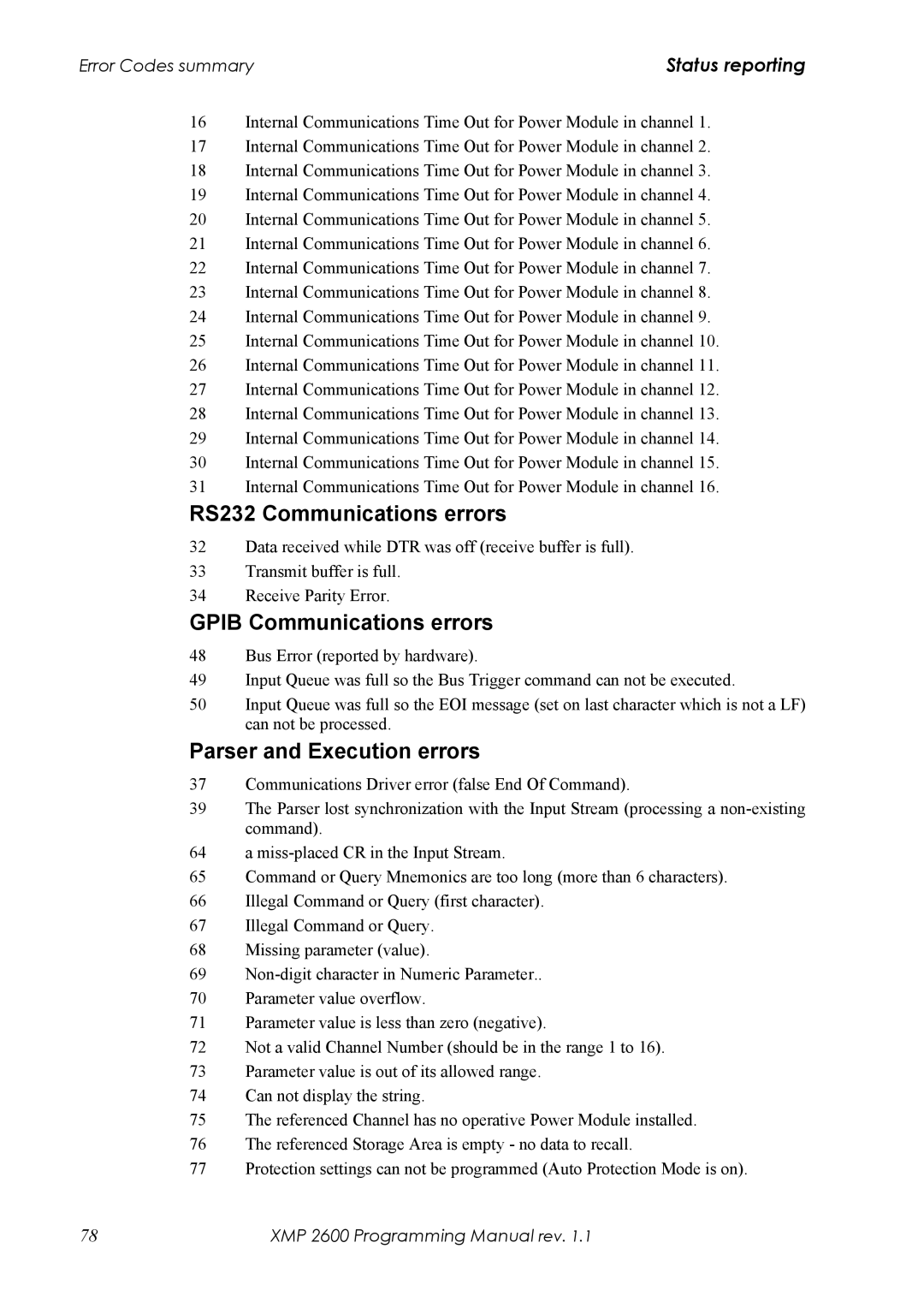 Xantrex Technology XMP 2600 manual RS232 Communications errors, Gpib Communications errors, Parser and Execution errors 