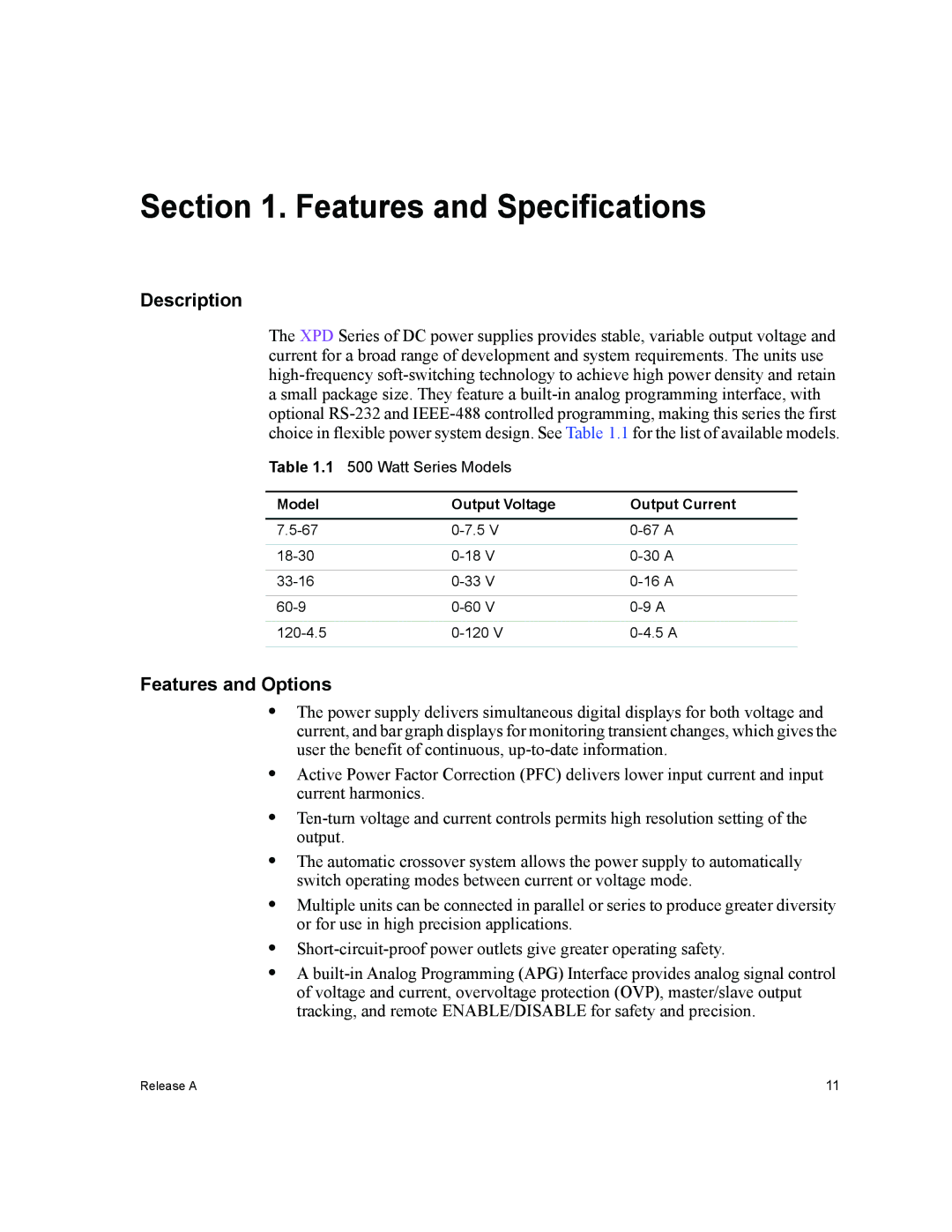 Xantrex Technology XPD 33-16, XPD 60-9, XPD 7.5-67, XPD 120-4.5, XPD 18-30 manual Description, Features and Options 