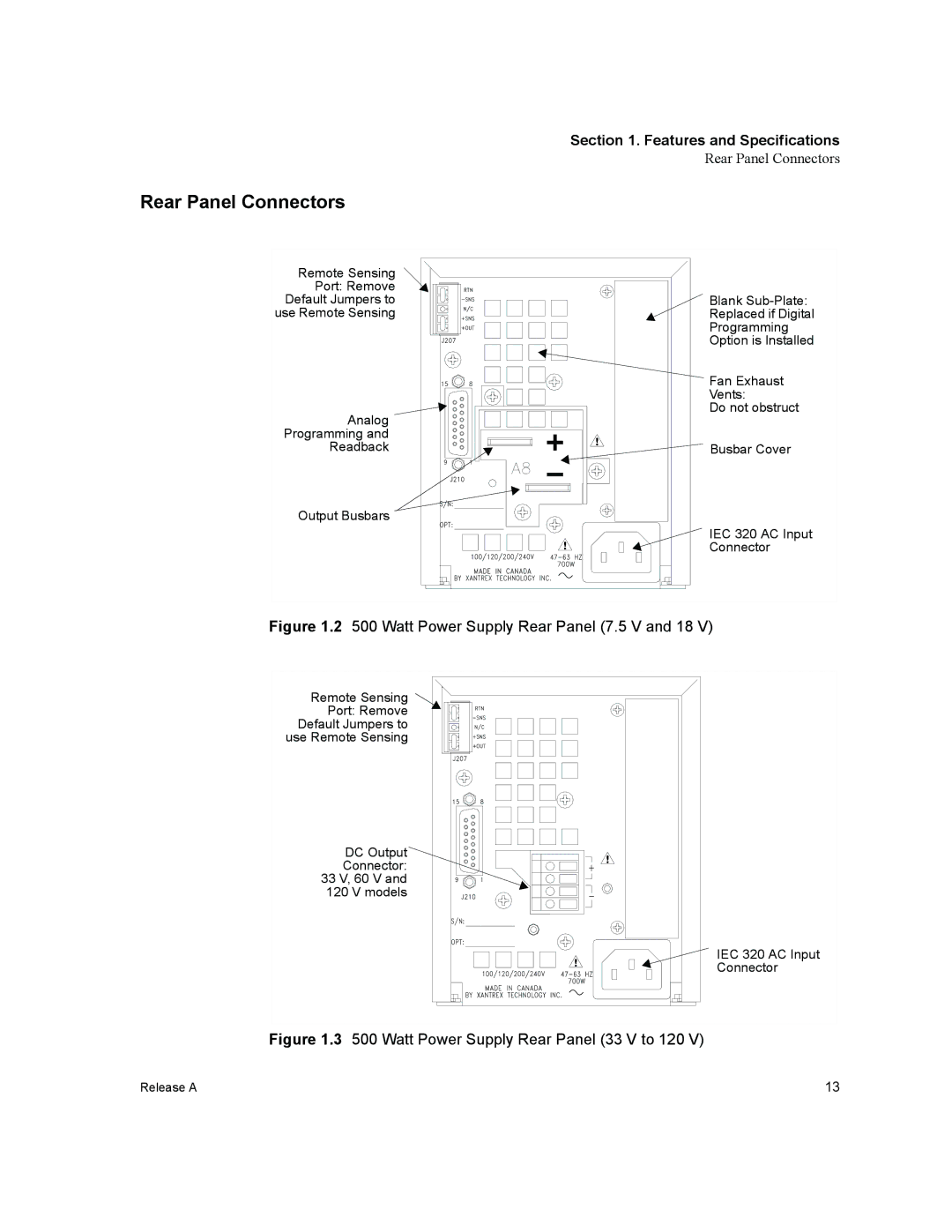 Xantrex Technology XPD 60-9, XPD 7.5-67, XPD 120-4.5 manual Rear Panel Connectors, Watt Power Supply Rear Panel 7.5 V and 18 