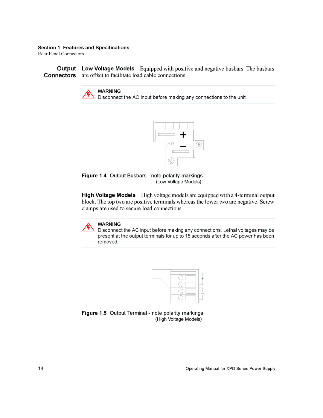 Xantrex Technology XPD 7.5-67, XPD 60-9, XPD 120-4.5, XPD 33-16, XPD 18-30 manual Output Busbars note polarity markings 