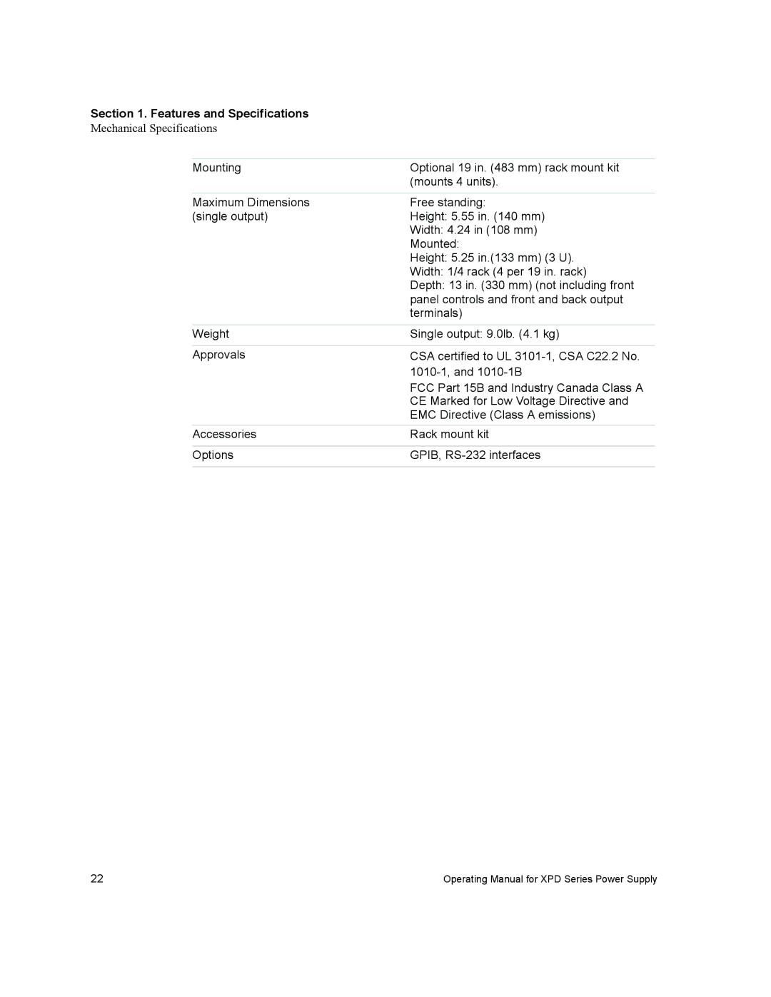 Xantrex Technology XPD 18-30, XPD 60-9, XPD 7.5-67, XPD 120-4.5, XPD 33-16 manual Mechanical Specifications 