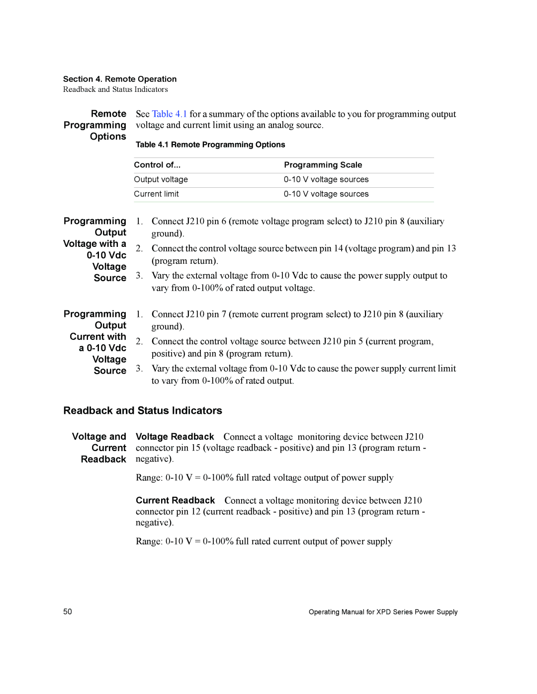 Xantrex Technology XPD 120-4.5, XPD 60-9, XPD 7.5-67 manual Readback and Status Indicators, Options, Voltage Current Readback 