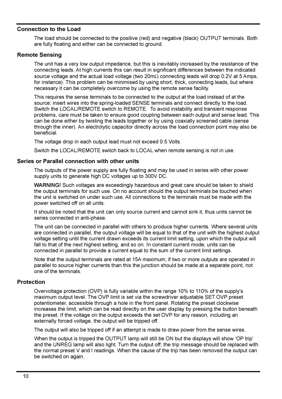 Xantrex Technology XPF 35-10 manual Connection to the Load, Remote Sensing, Series or Parallel connection with other units 