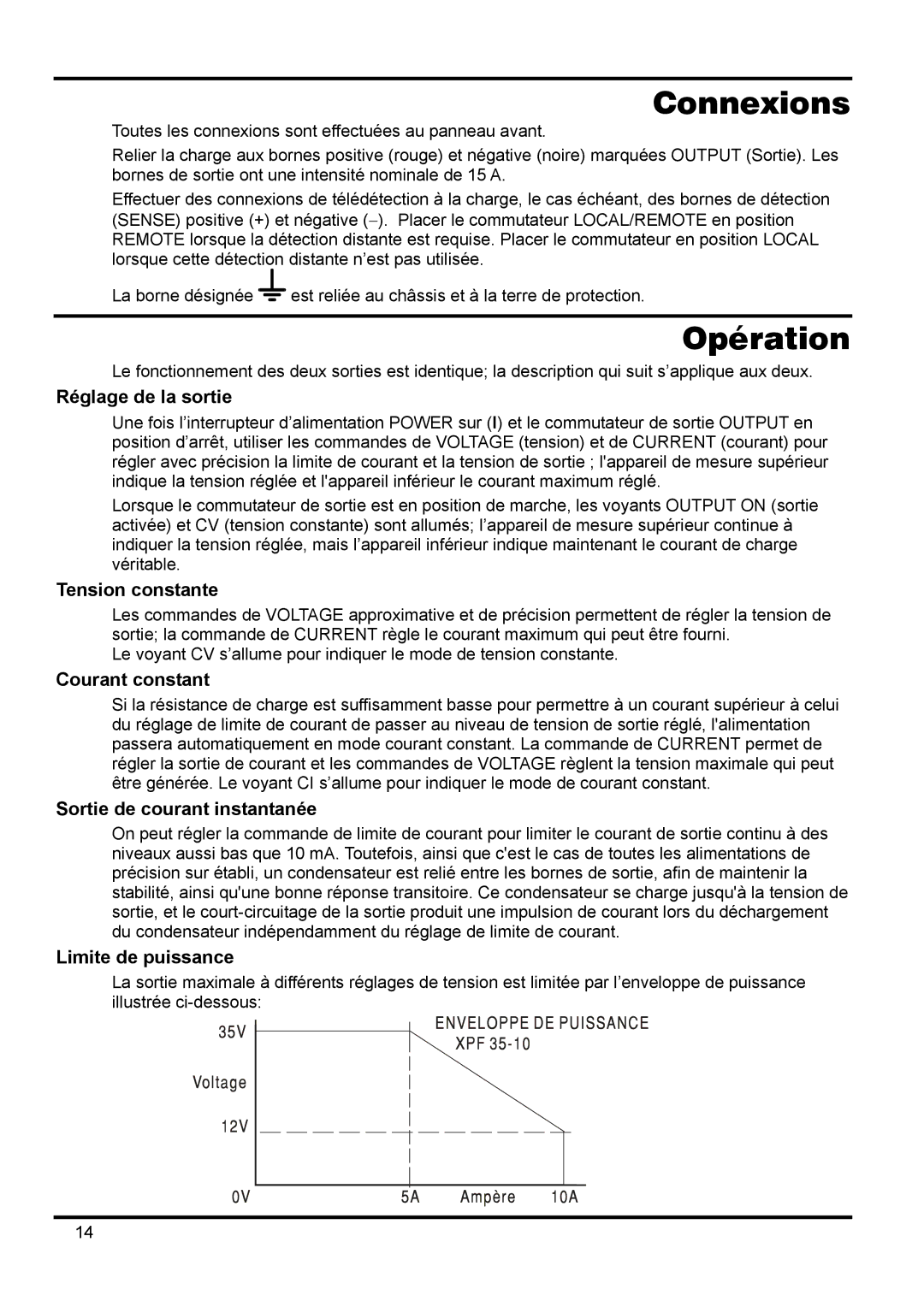 Xantrex Technology XPF 35-10 manual Connexions, Opération 