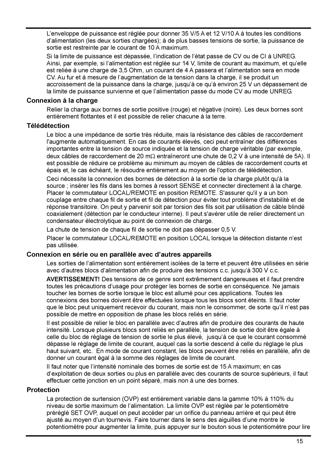 Xantrex Technology XPF 35-10 manual Connexion à la charge, Télédétection 