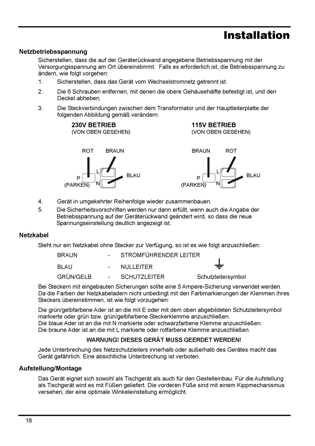 Xantrex Technology XPF 35-10 manual Netzbetriebsspannung, Netzkabel, Aufstellung/Montage 