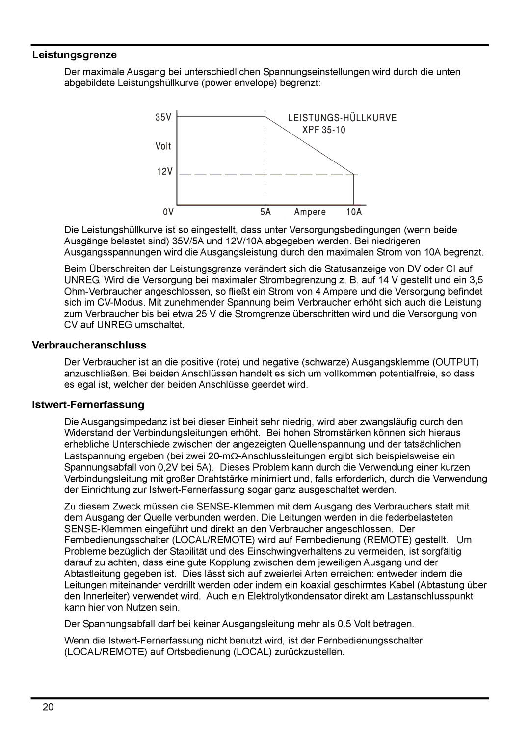 Xantrex Technology XPF 35-10 manual Leistungsgrenze, Verbraucheranschluss, Istwert-Fernerfassung 