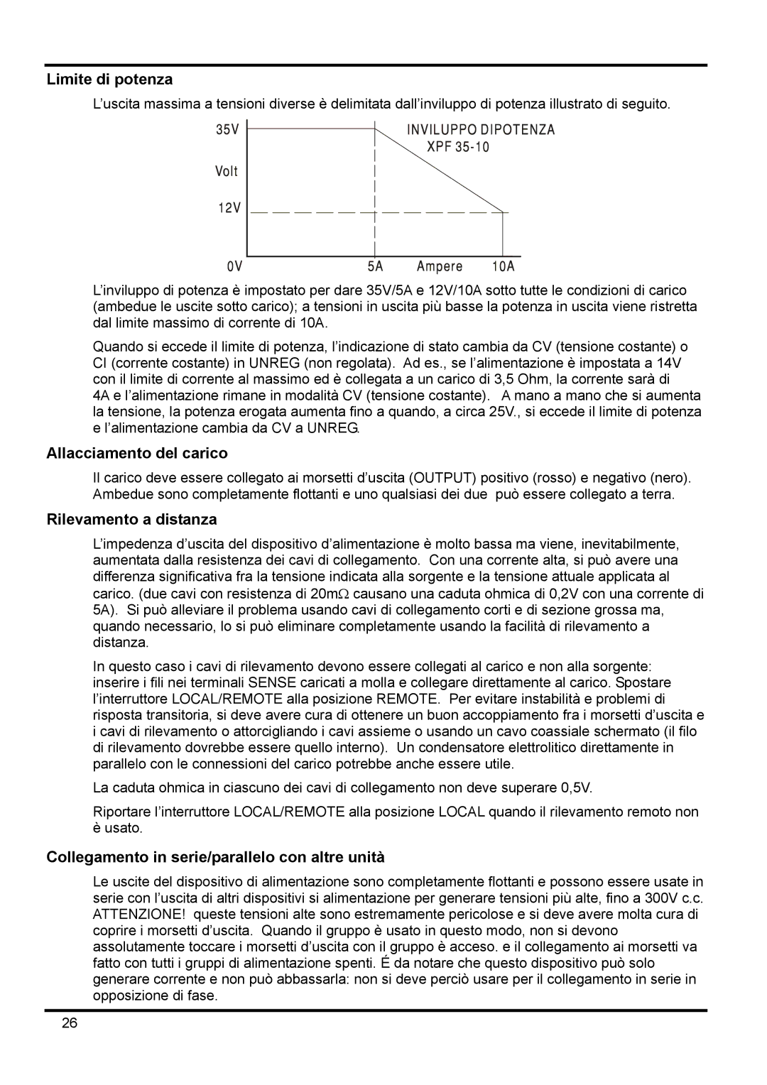 Xantrex Technology XPF 35-10 manual Limite di potenza, Allacciamento del carico, Rilevamento a distanza 