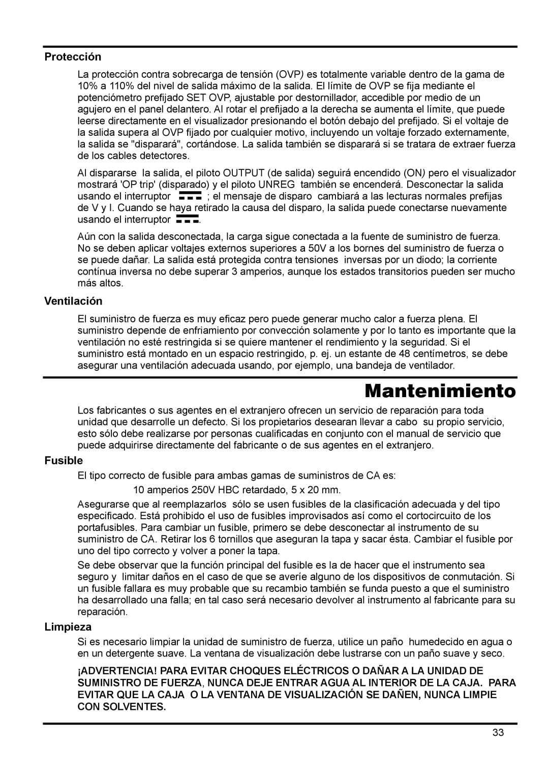 Xantrex Technology XPF 35-10 manual Mantenimiento, Protección, Ventilación, Limpieza 