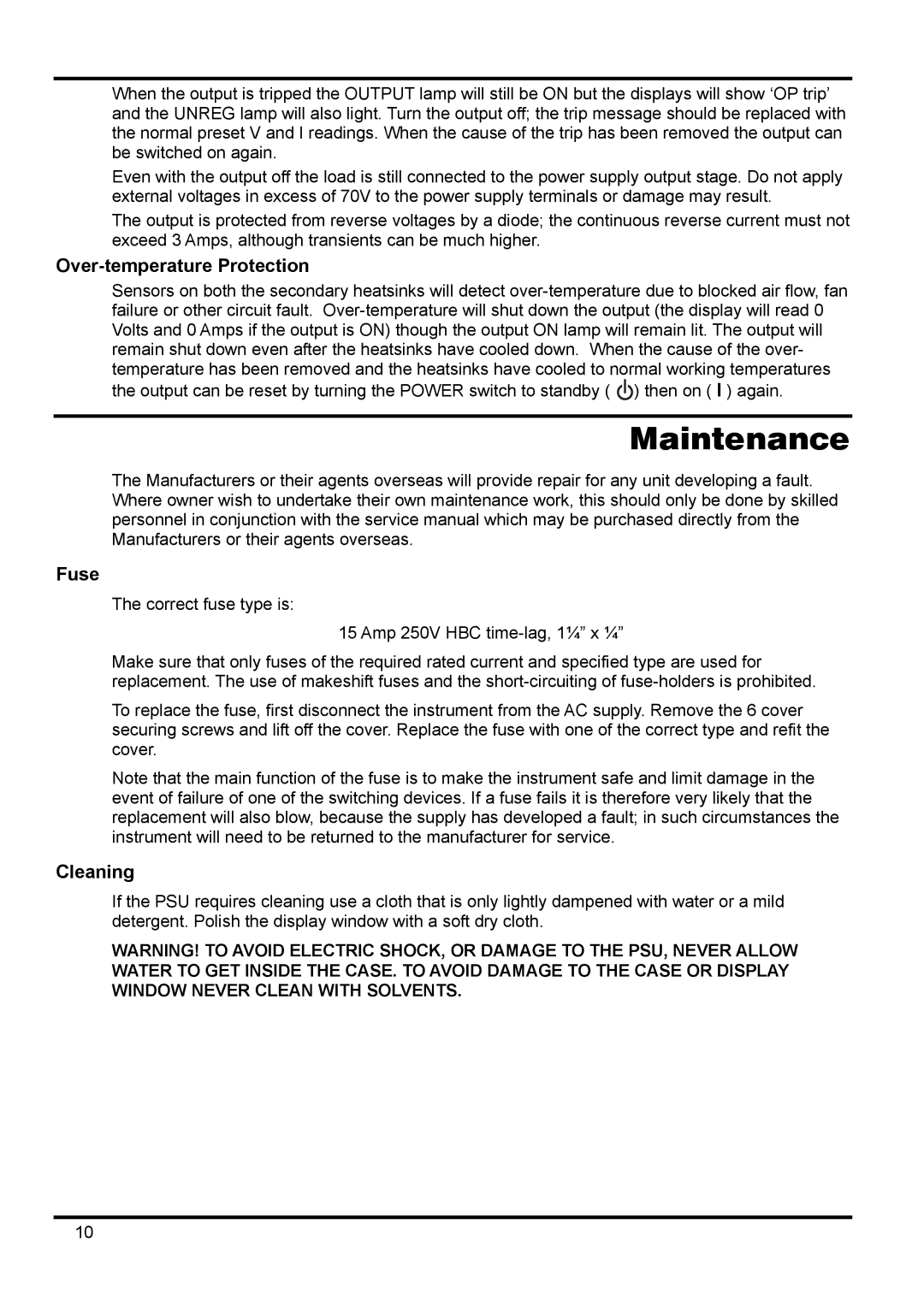 Xantrex Technology XPF 60-20 manual Maintenance, Over-temperature Protection, Fuse, Cleaning 