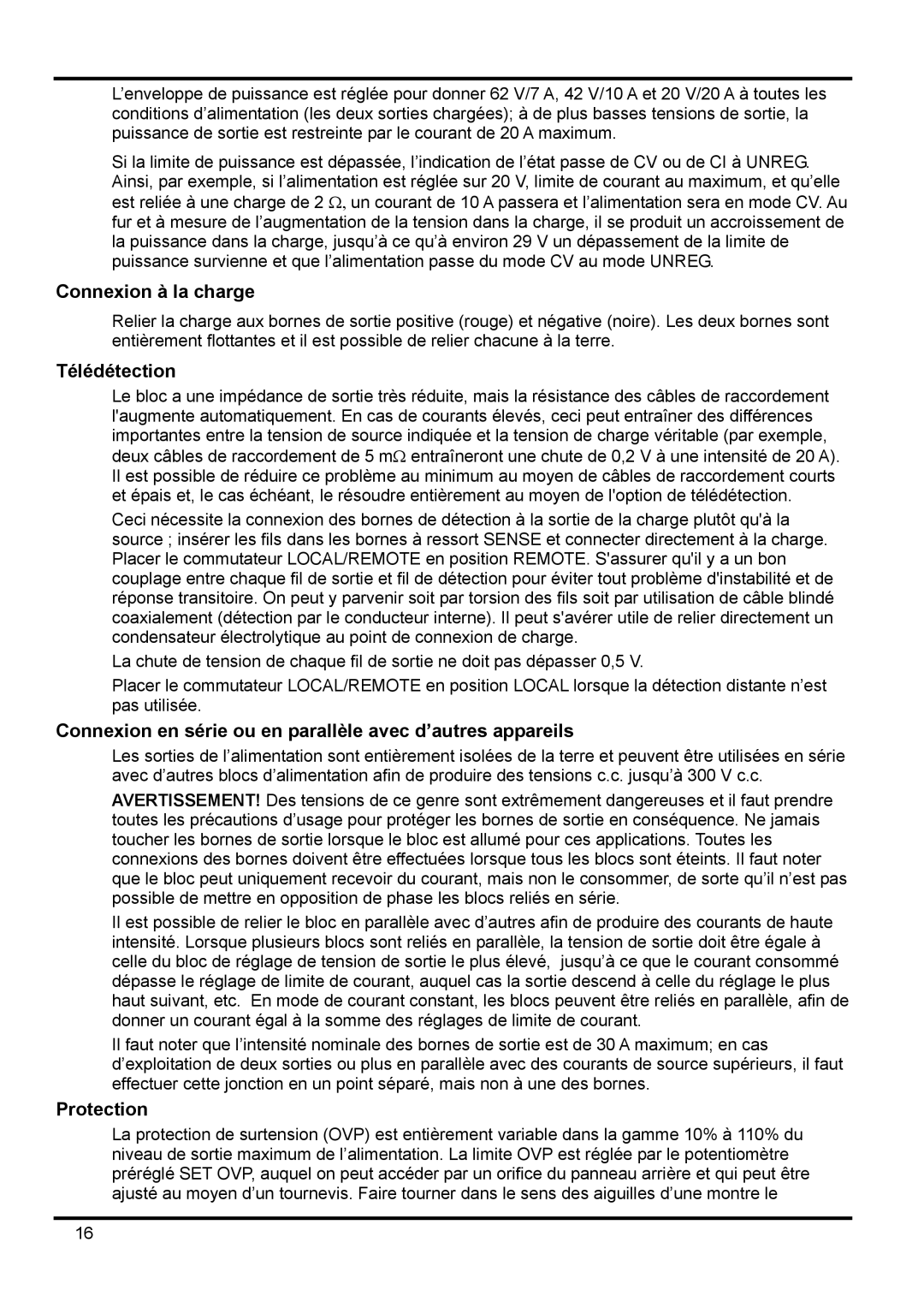 Xantrex Technology XPF 60-20 manual Connexion à la charge, Télédétection 