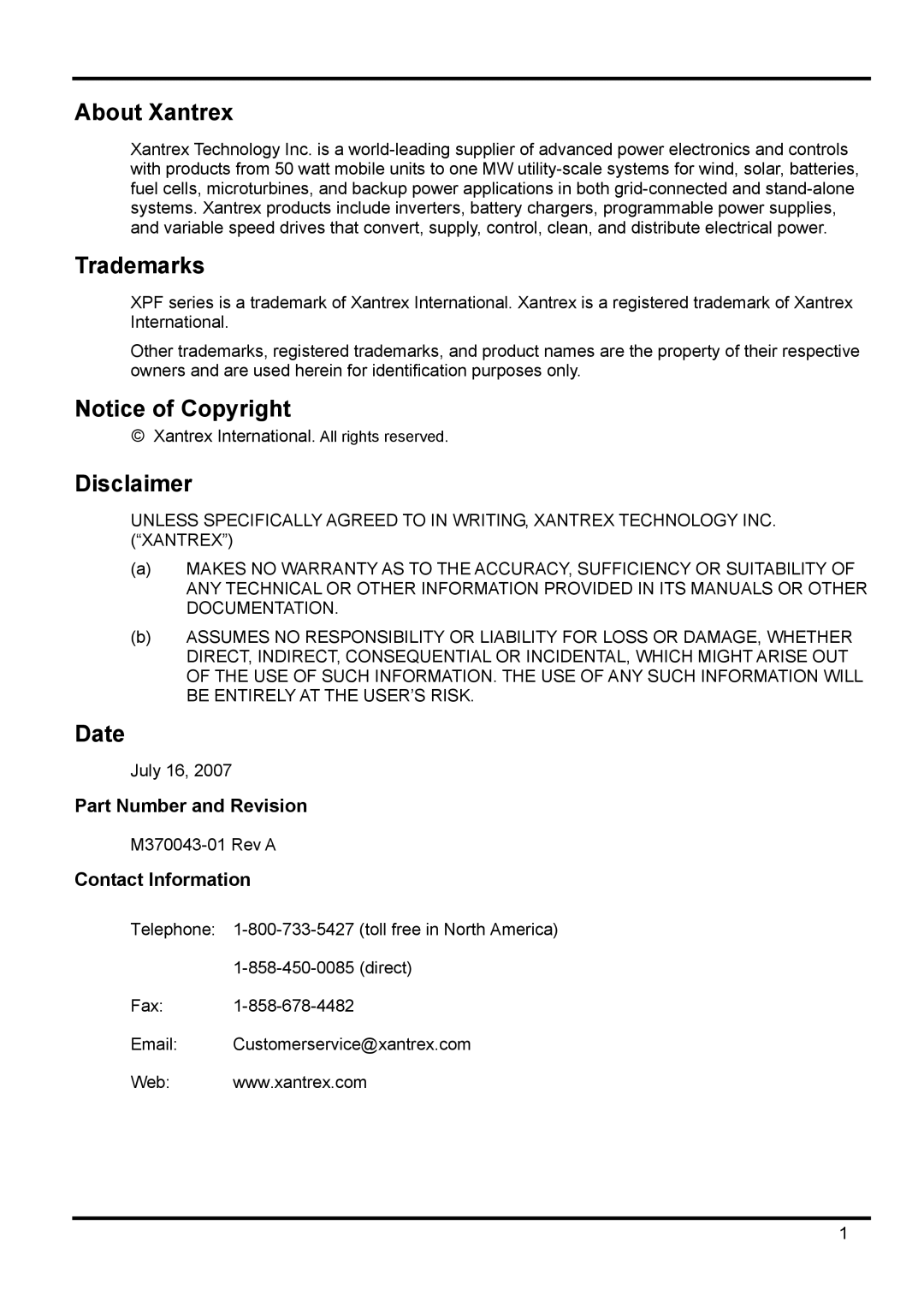 Xantrex Technology XPF 60-20 manual Part Number and Revision, Contact Information 