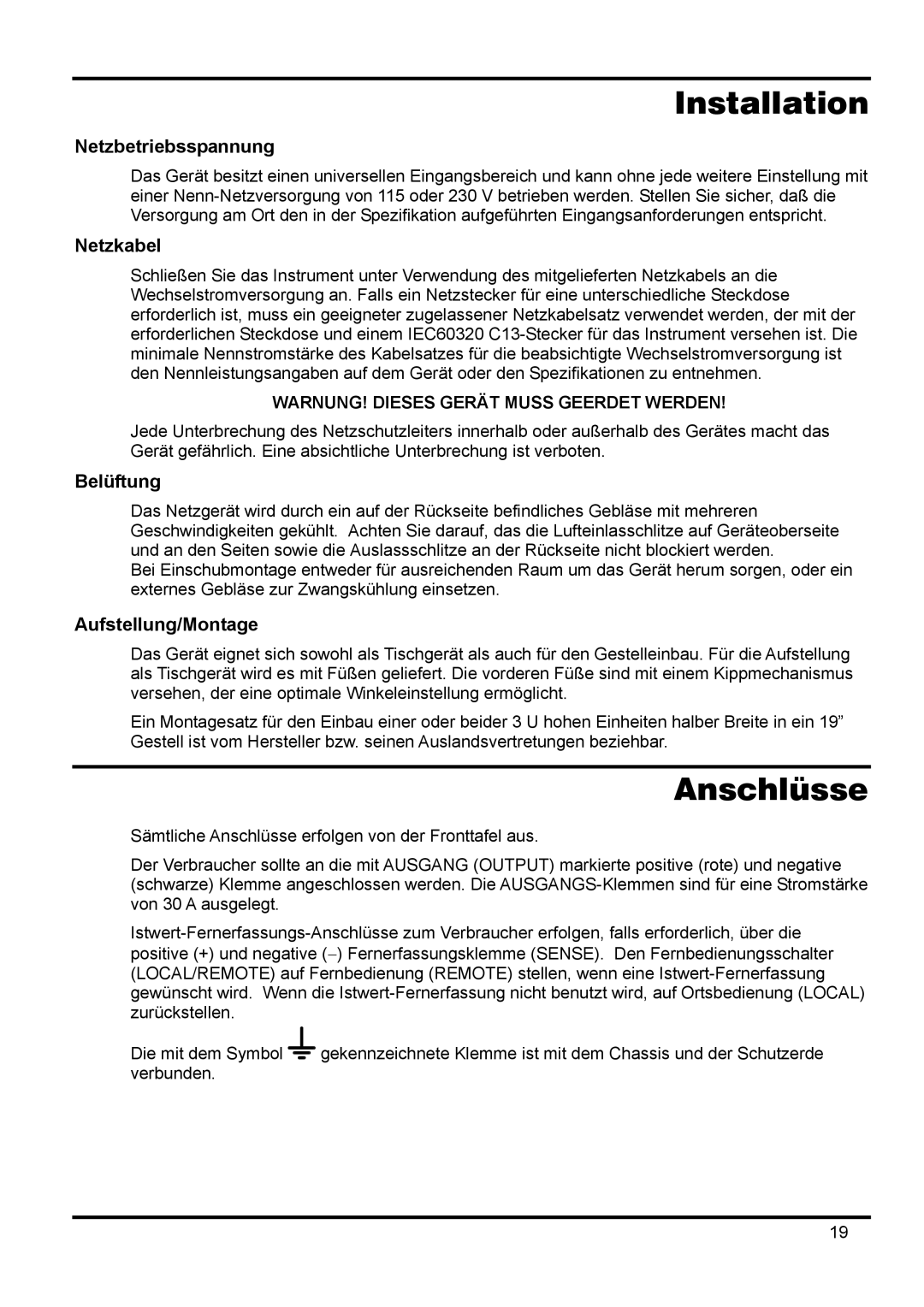 Xantrex Technology XPF 60-20 manual Anschlüsse, Netzbetriebsspannung, Netzkabel, Belüftung, Aufstellung/Montage 