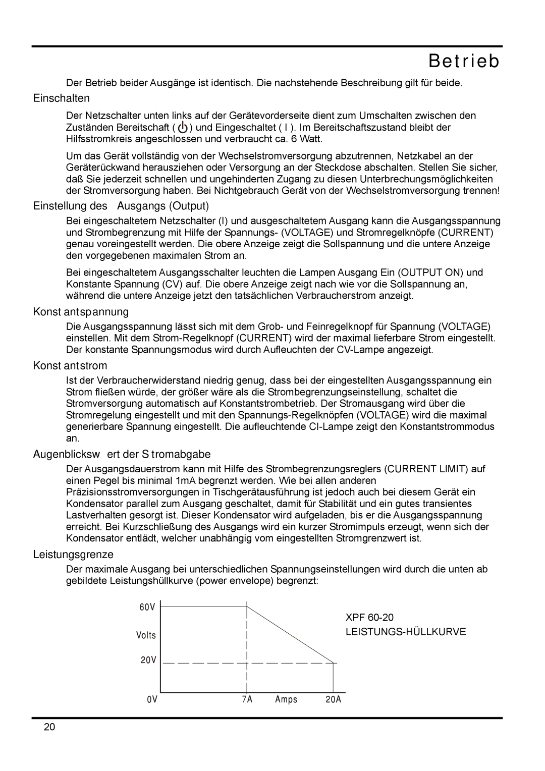 Xantrex Technology XPF 60-20 manual Betrieb 