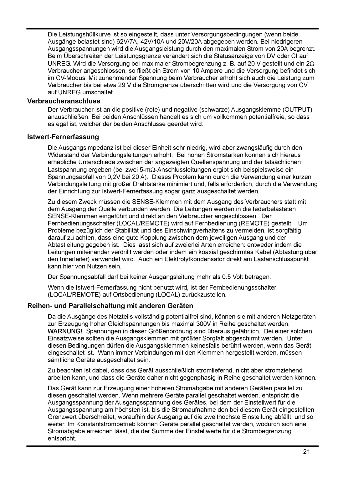 Xantrex Technology XPF 60-20 manual Verbraucheranschluss, Istwert-Fernerfassung 