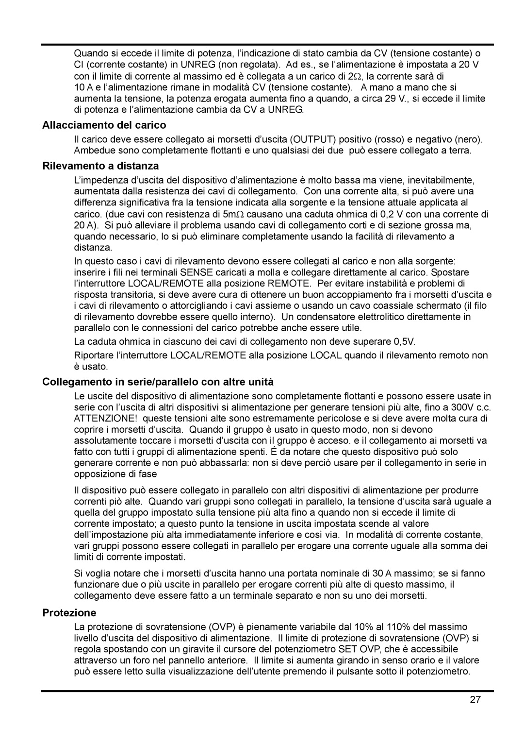 Xantrex Technology XPF 60-20 manual Allacciamento del carico, Rilevamento a distanza, Protezione 