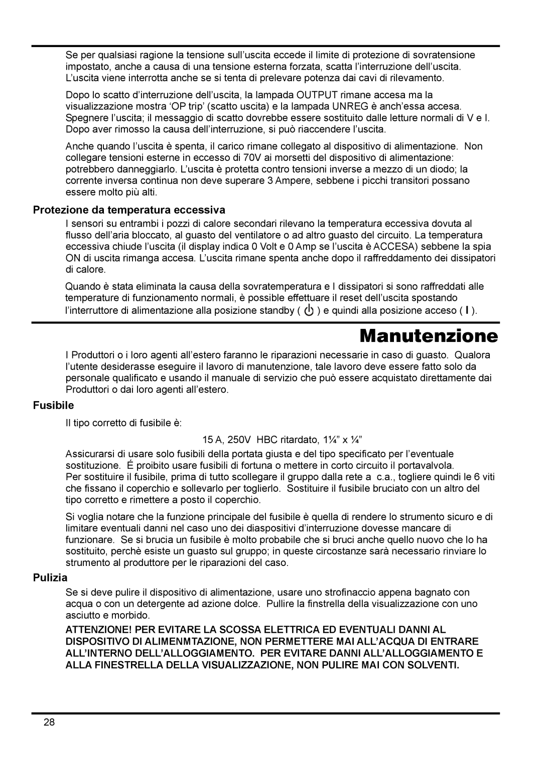 Xantrex Technology XPF 60-20 manual Manutenzione, Protezione da temperatura eccessiva, Fusibile, Pulizia 