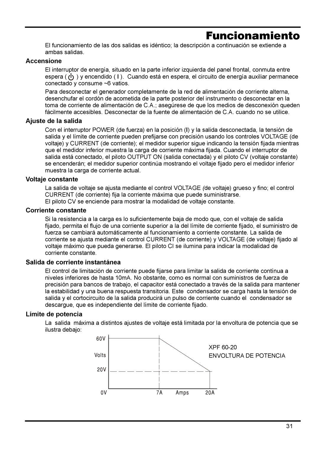 Xantrex Technology XPF 60-20 manual Funcionamiento 