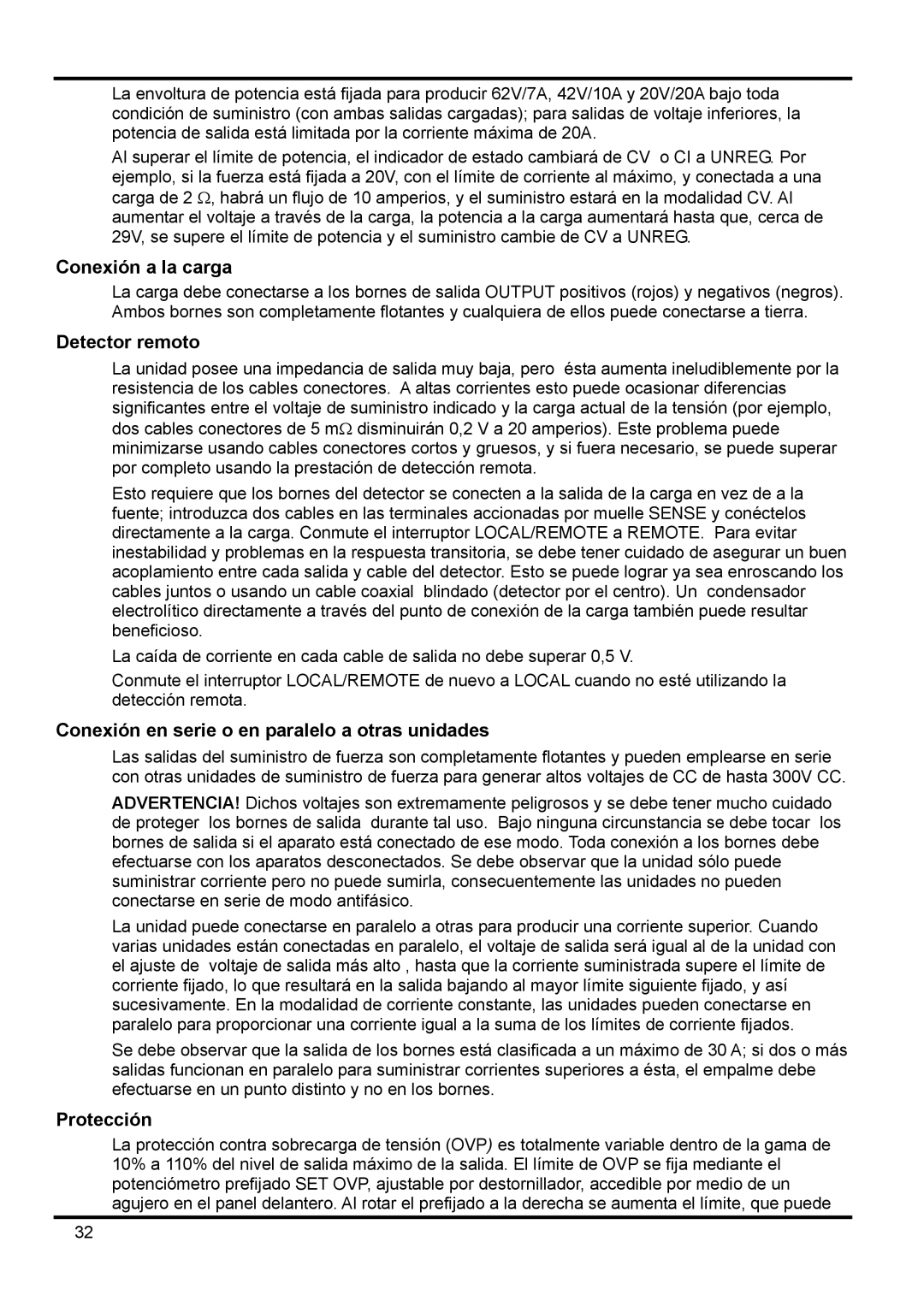 Xantrex Technology XPF 60-20 manual Conexión a la carga, Detector remoto, Conexión en serie o en paralelo a otras unidades 