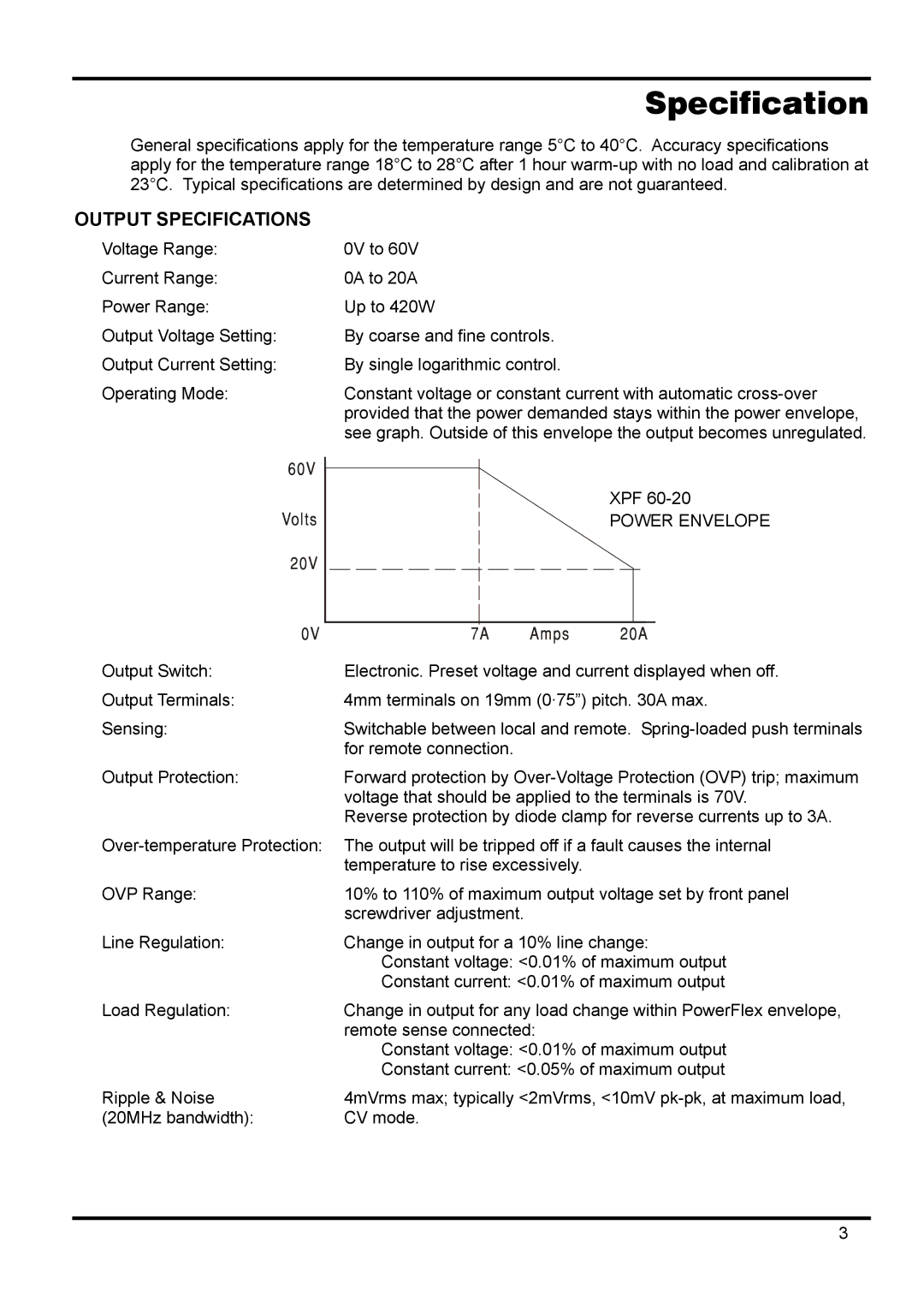 Xantrex Technology XPF 60-20 manual Output Specifications 