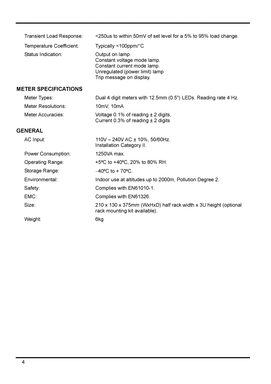 Xantrex Technology XPF 60-20 manual Meter Specifications 