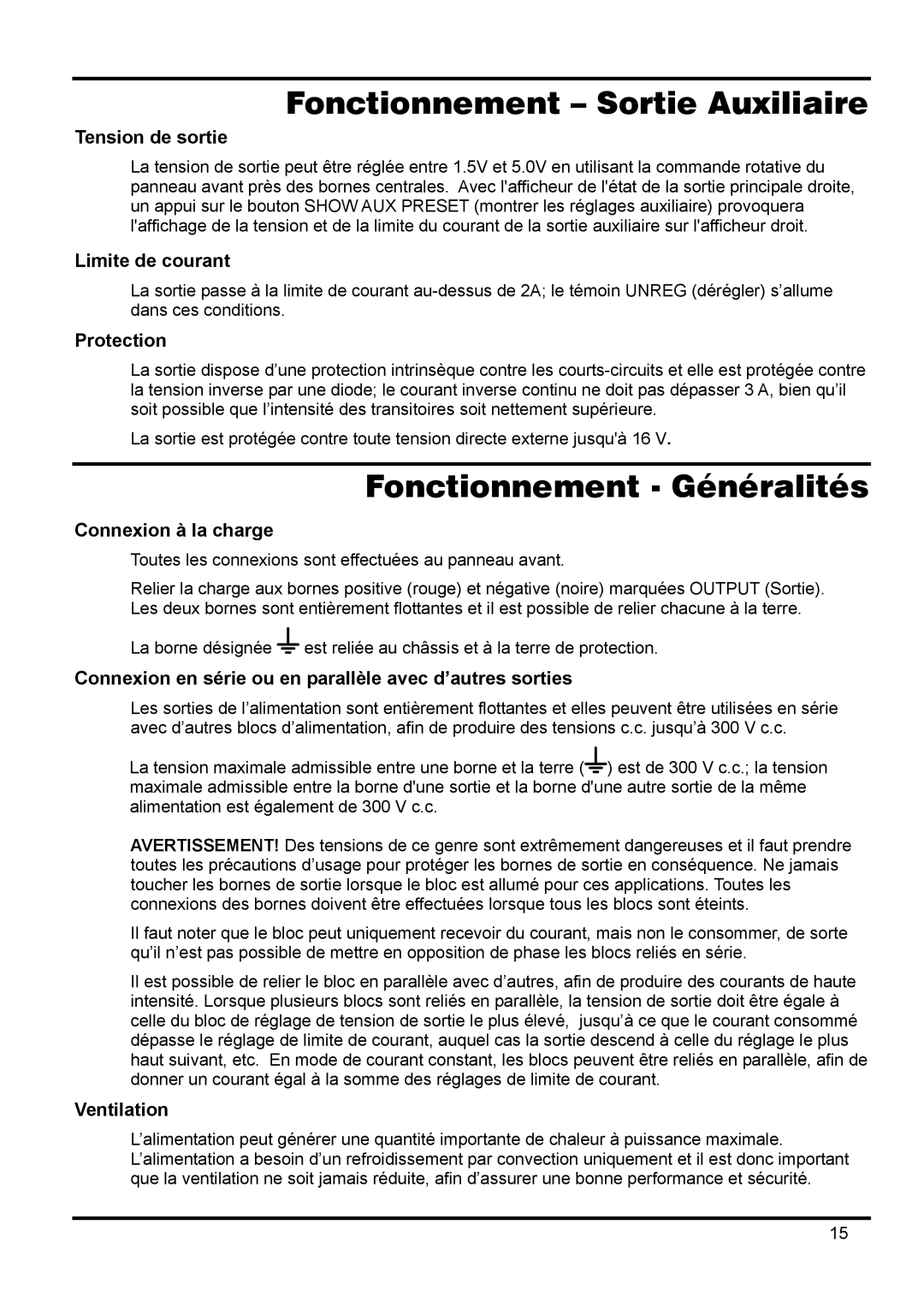 Xantrex Technology XPL 30-2D, XPL 18-3, XPL 56-1, XPL 30-2T Fonctionnement Sortie Auxiliaire, Fonctionnement Généralités 