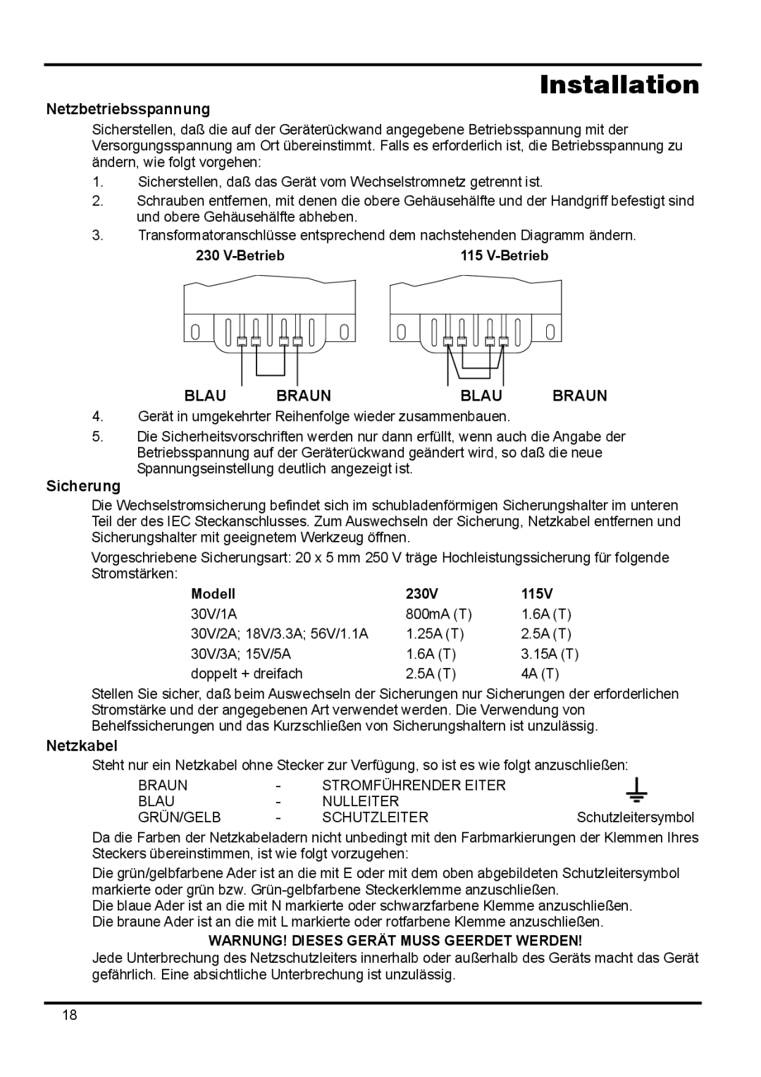 Xantrex Technology XPL 18-3, XPL 30-2D, XPL 56-1, XPL 30-2T, XPL 30-1 manual Netzbetriebsspannung, Sicherung, Netzkabel, Braun 