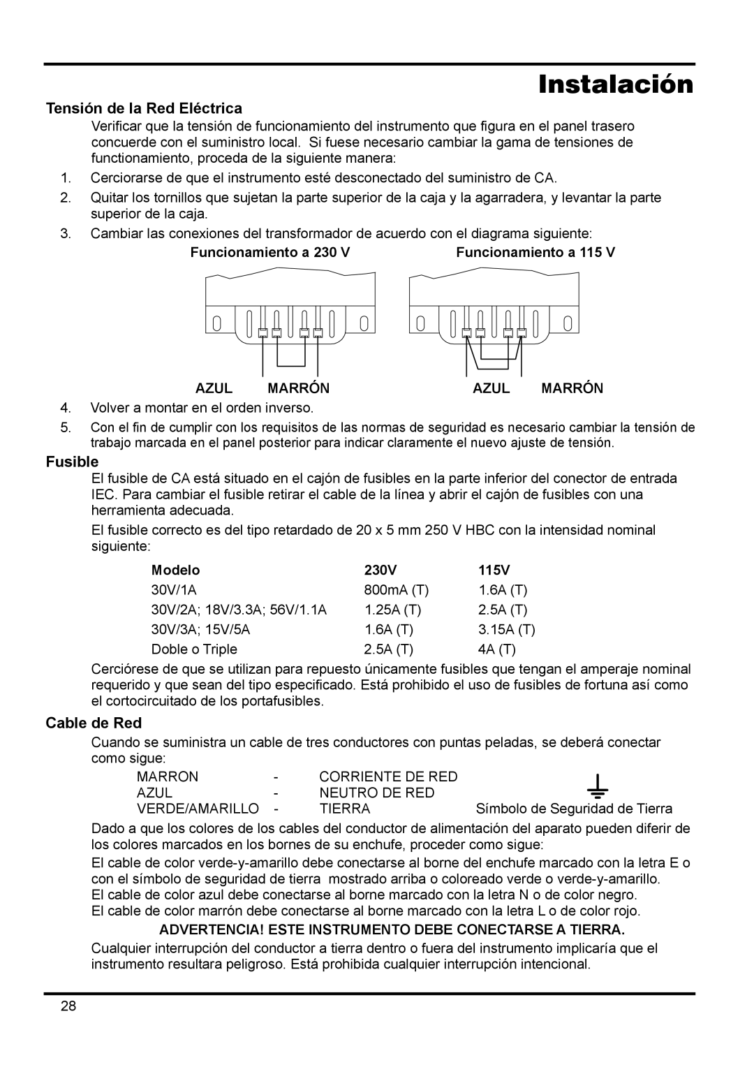 Xantrex Technology XPL 30-1, XPL 30-2D, XPL 18-3 manual Instalación, Tensión de la Red Eléctrica, Cable de Red, Azul Marrón 