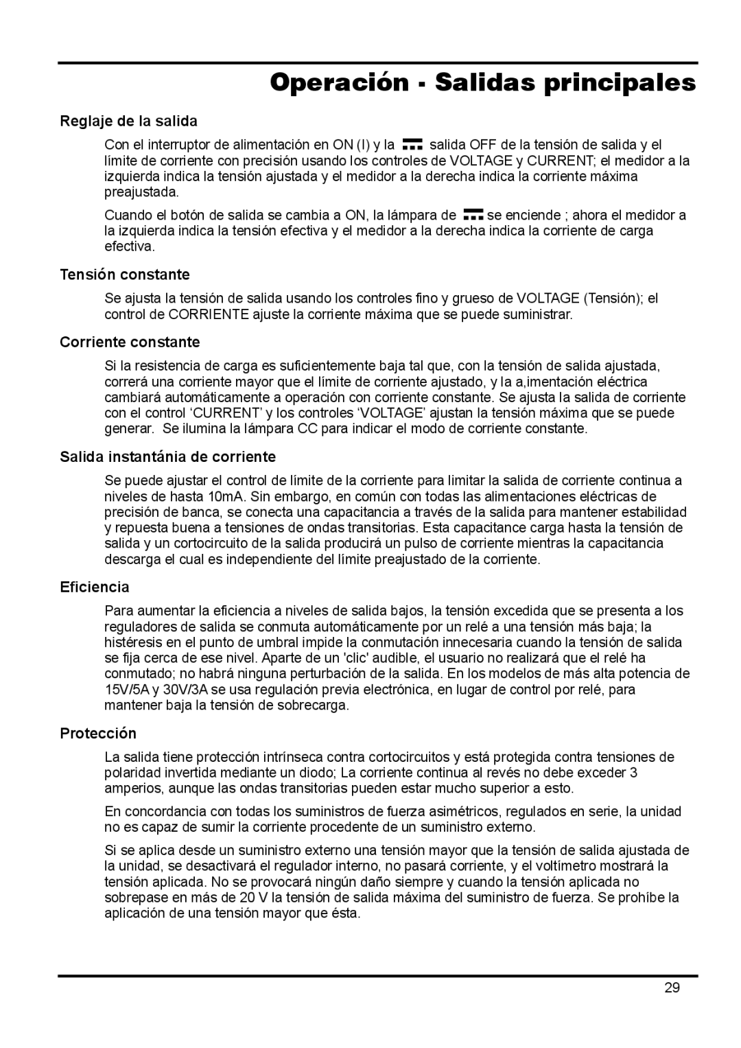 Xantrex Technology XPL 30-2D, XPL 18-3, XPL 56-1, XPL 30-2T, XPL 30-1 manual Operación Salidas principales 