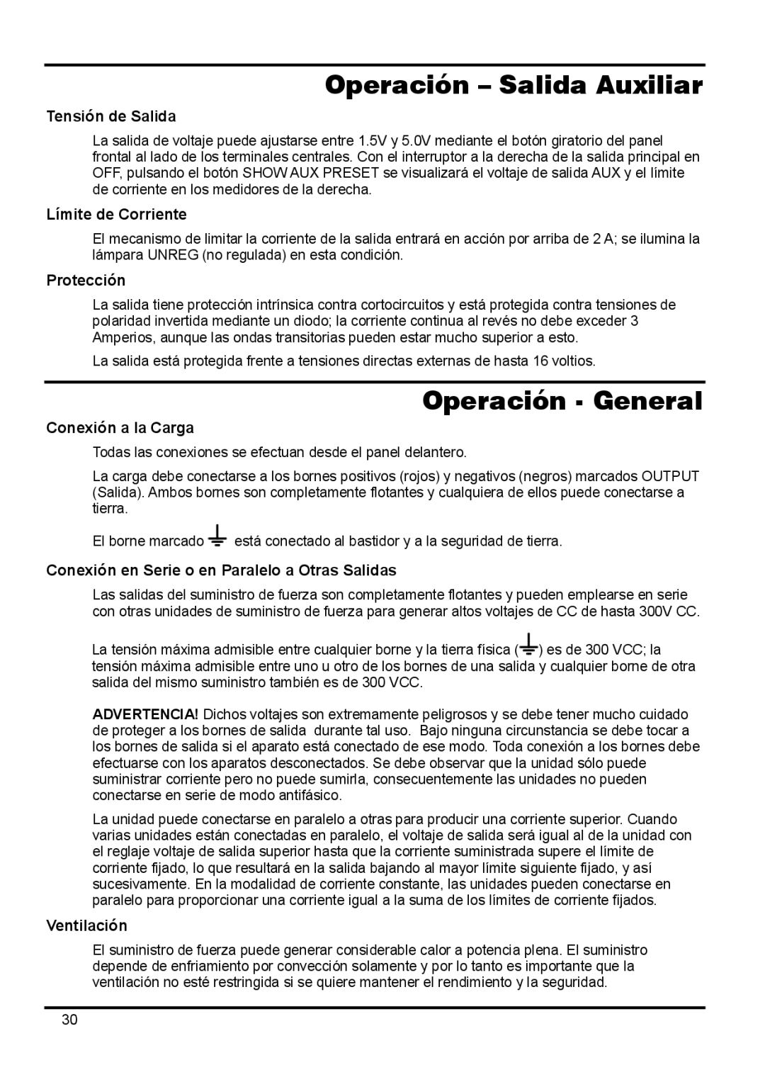 Xantrex Technology XPL 18-3, XPL 30-2D, XPL 56-1, XPL 30-2T, XPL 30-1 manual Operación Salida Auxiliar, Operación General 