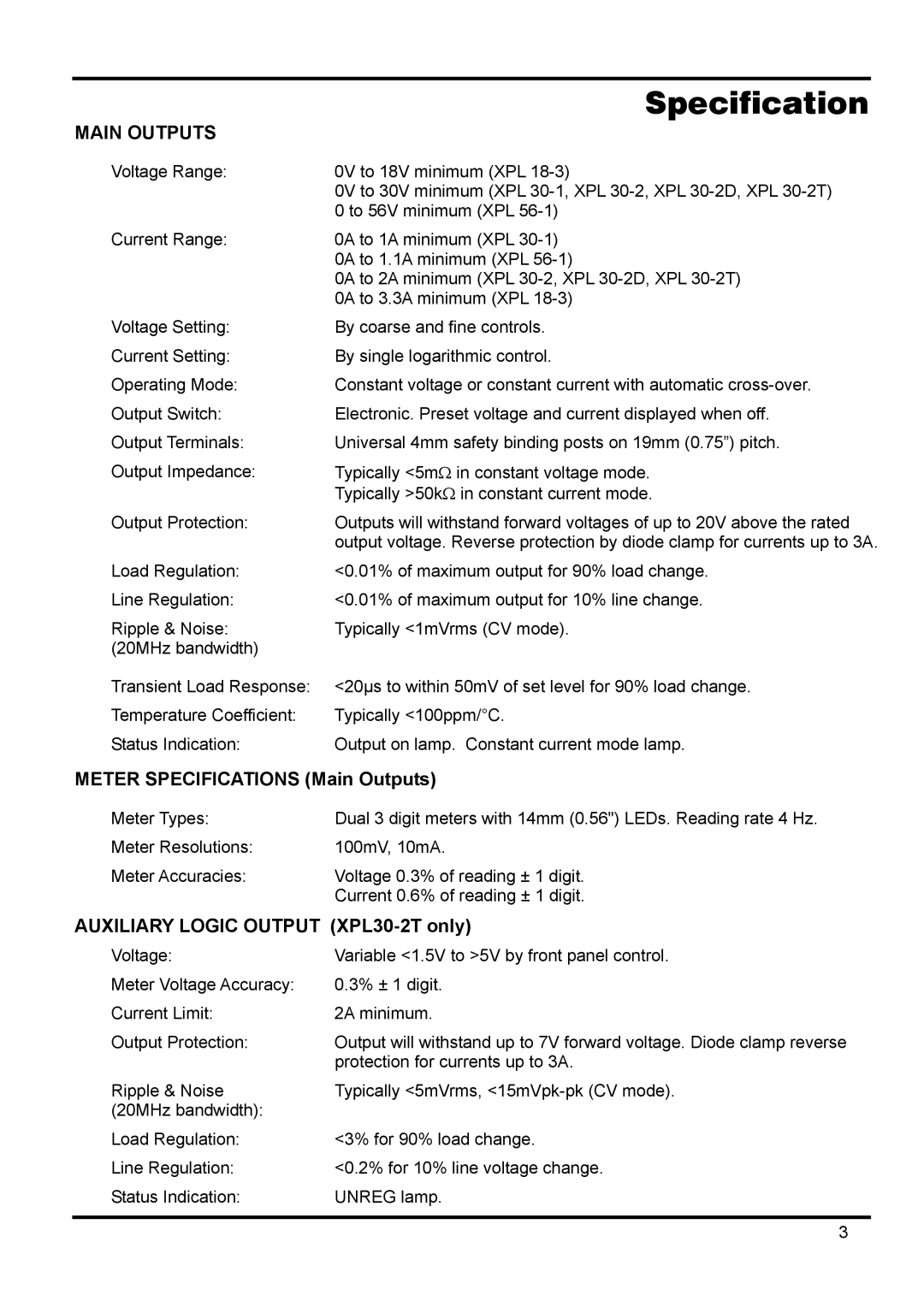 Xantrex Technology XPL 30-2D, XPL 18-3 manual Meter Specifications Main Outputs, Auxiliary Logic Output XPL30-2T only 