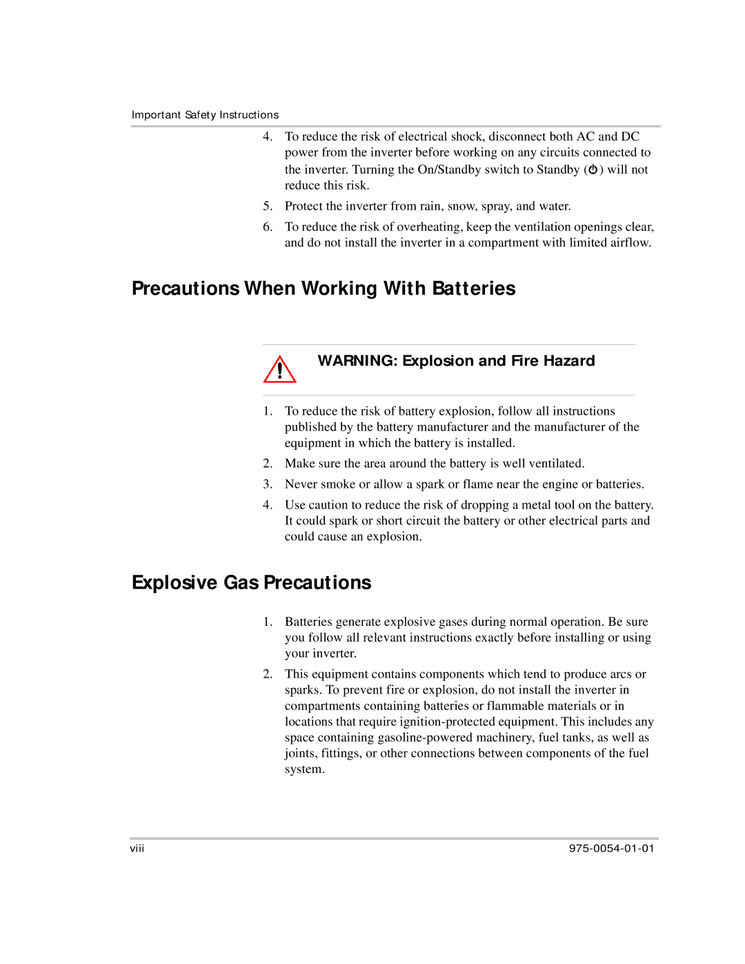 Xantrex Technology XS400 manual Precautions When Working With Batteries, Explosive Gas Precautions 