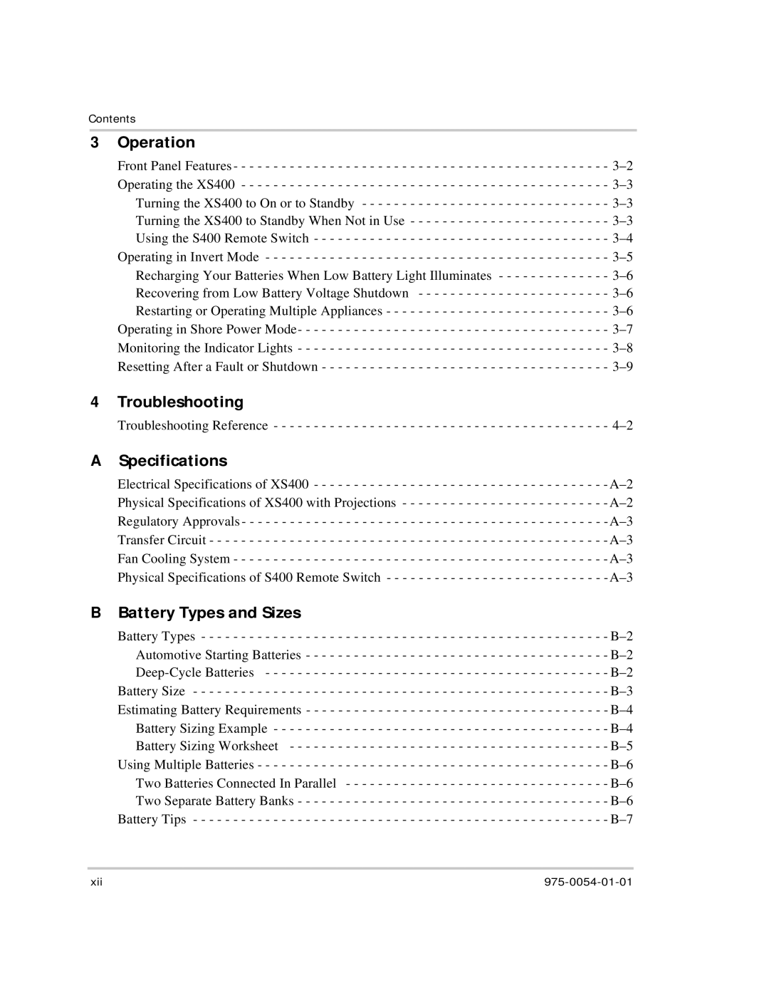 Xantrex Technology XS400 manual Operation, Troubleshooting, Specifications, Battery Types and Sizes 
