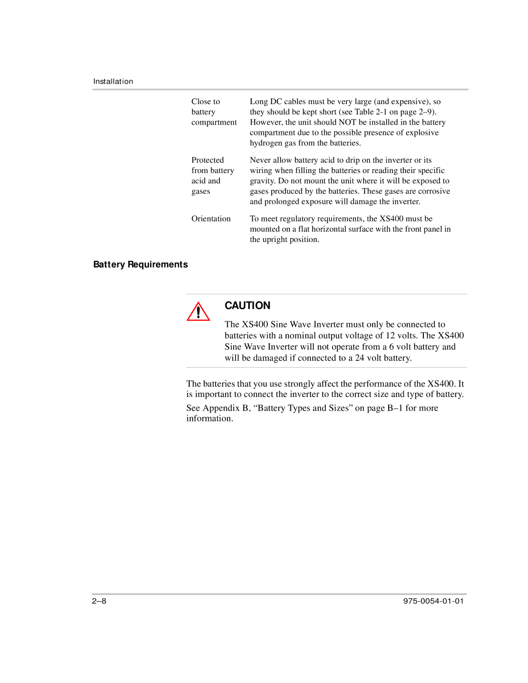 Xantrex Technology XS400 manual Battery Requirements 