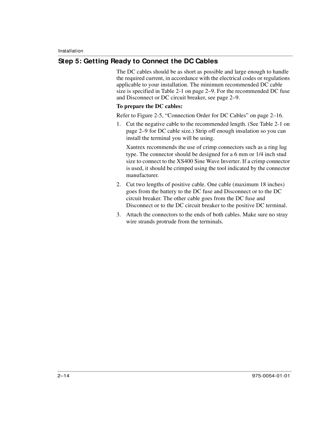Xantrex Technology XS400 manual Getting Ready to Connect the DC Cables, To prepare the DC cables 