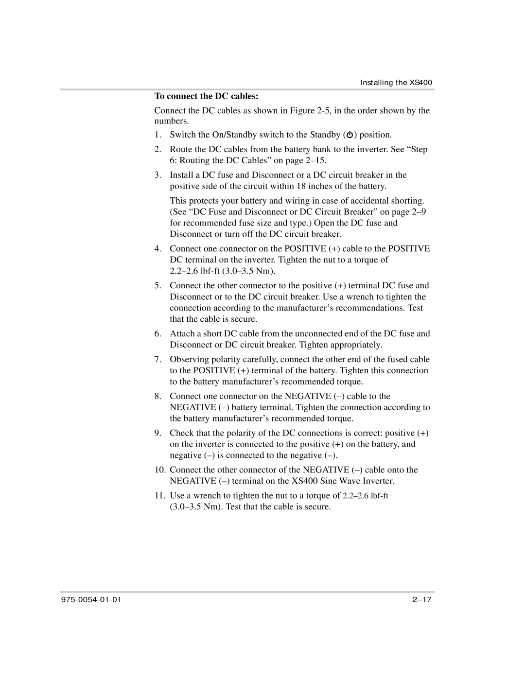 Xantrex Technology XS400 manual To connect the DC cables 