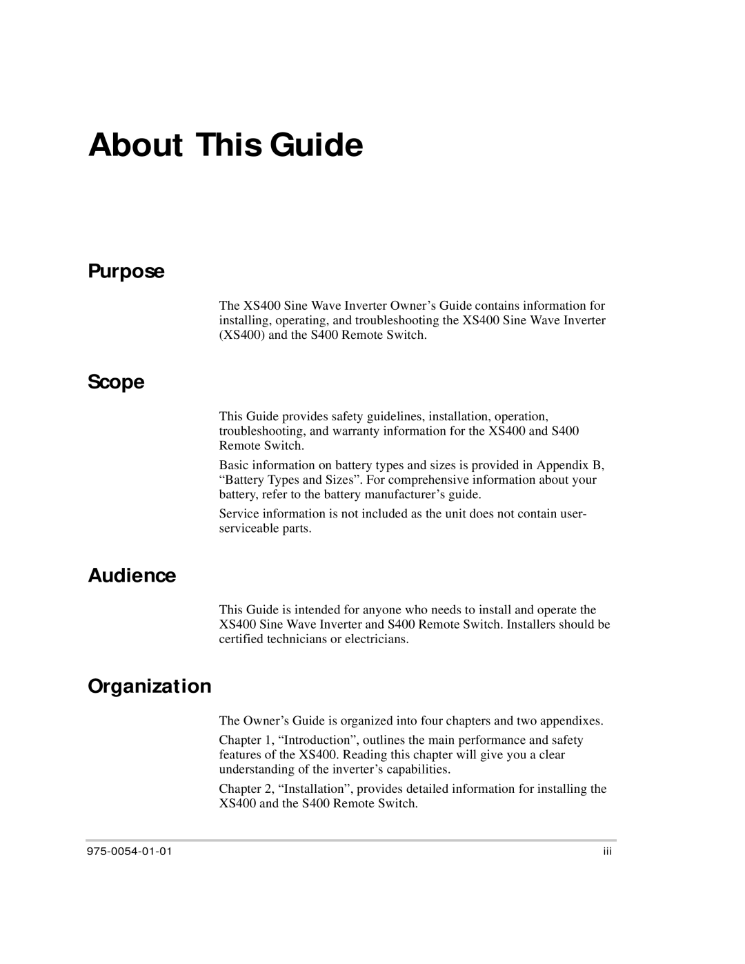 Xantrex Technology XS400 manual Purpose, Scope, Audience, Organization 