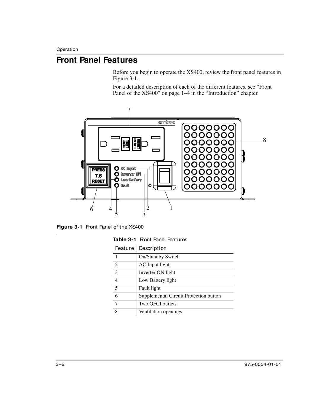 Xantrex Technology manual Front Panel Features, Front Panel of the XS400 