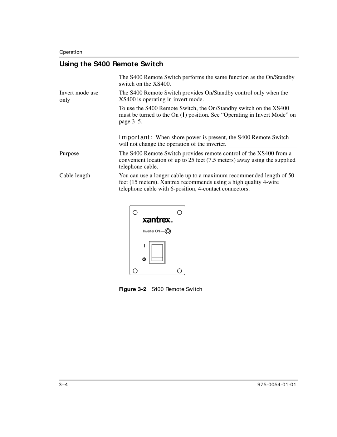 Xantrex Technology XS400 manual Using the S400 Remote Switch, 2S400 Remote Switch 