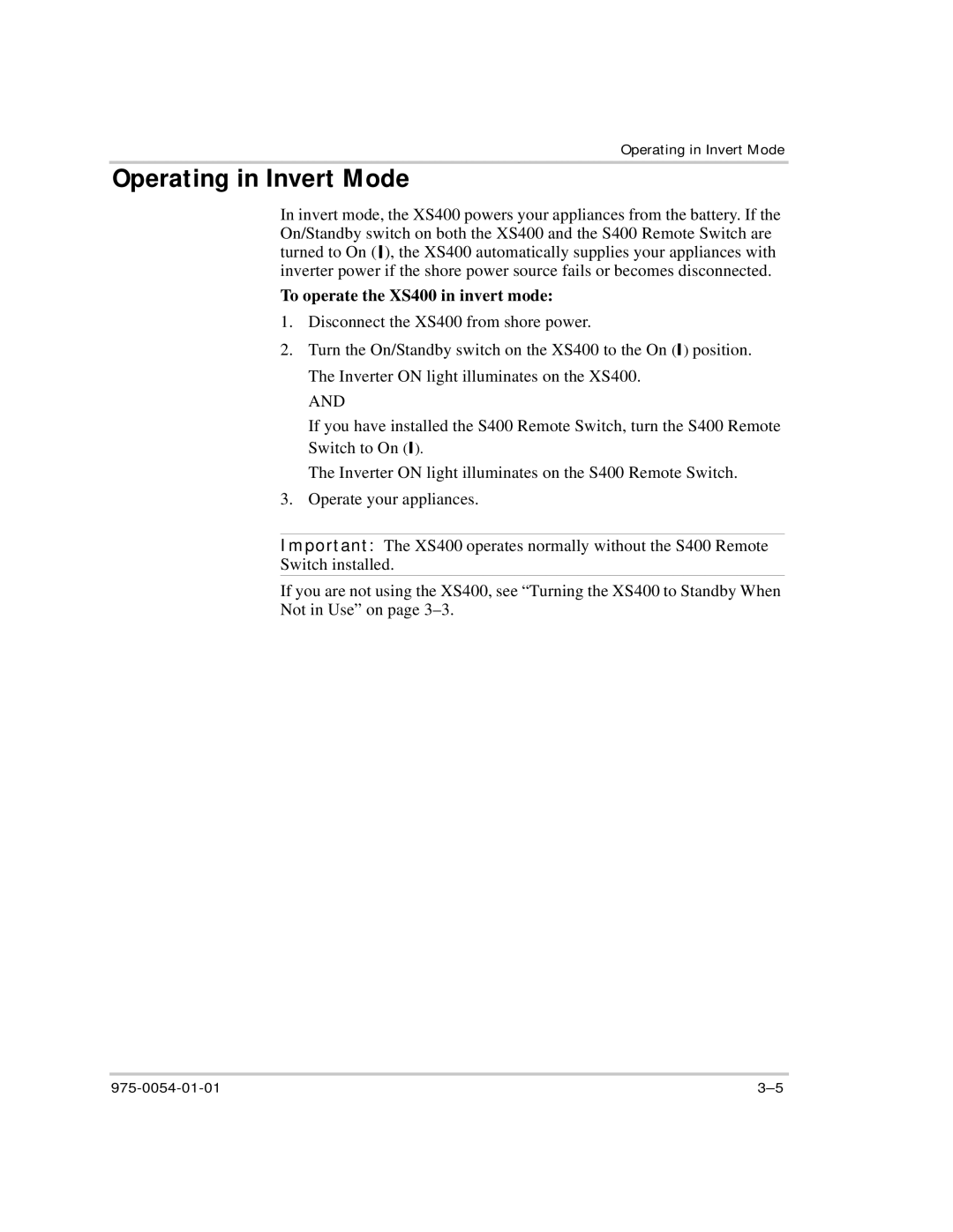 Xantrex Technology manual Operating in Invert Mode, To operate the XS400 in invert mode 