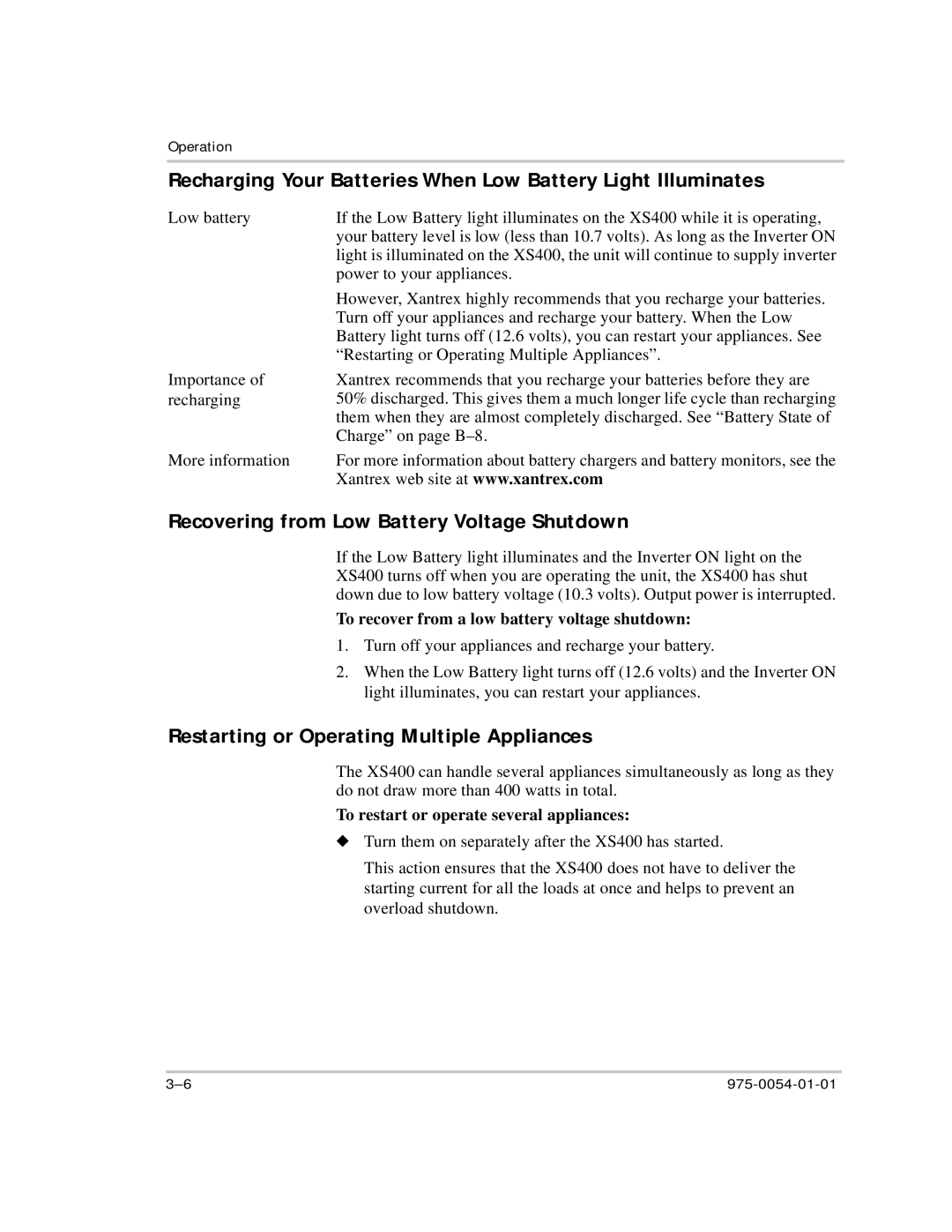 Xantrex Technology XS400 manual Recovering from Low Battery Voltage Shutdown, Restarting or Operating Multiple Appliances 