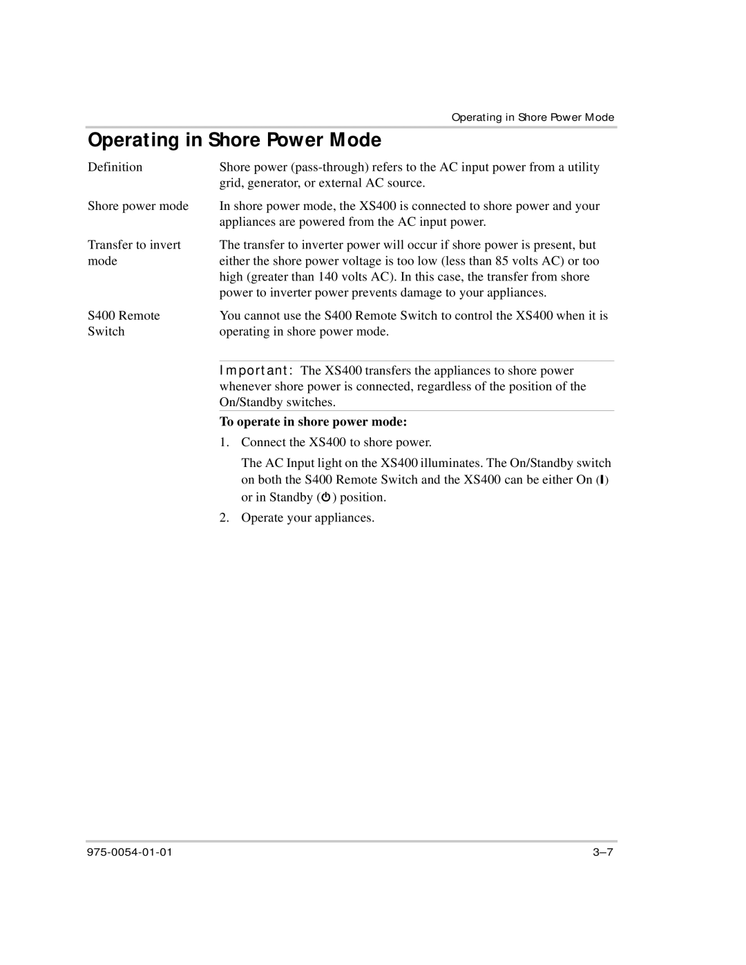 Xantrex Technology XS400 manual Operating in Shore Power Mode, To operate in shore power mode 