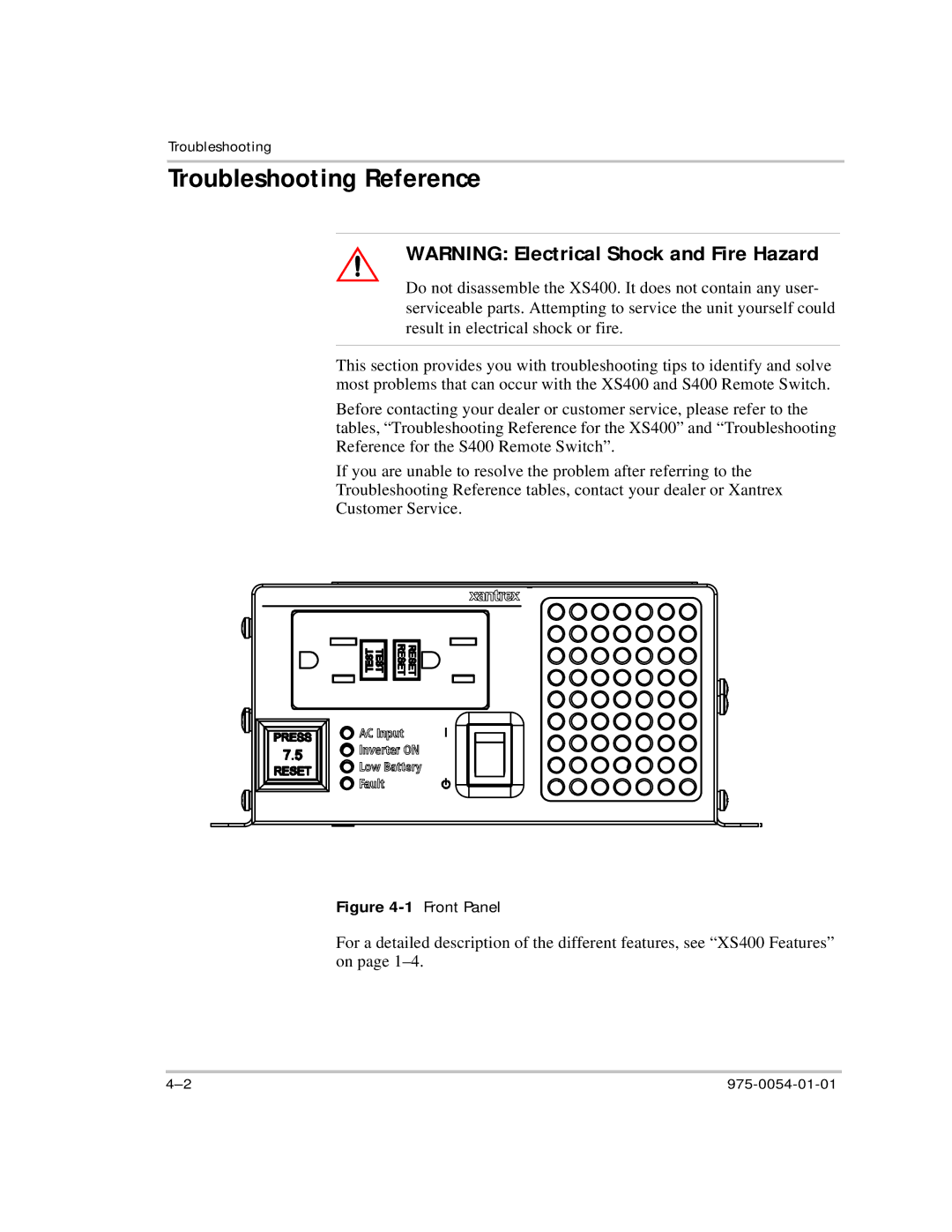 Xantrex Technology XS400 manual Troubleshooting Reference, Front Panel 